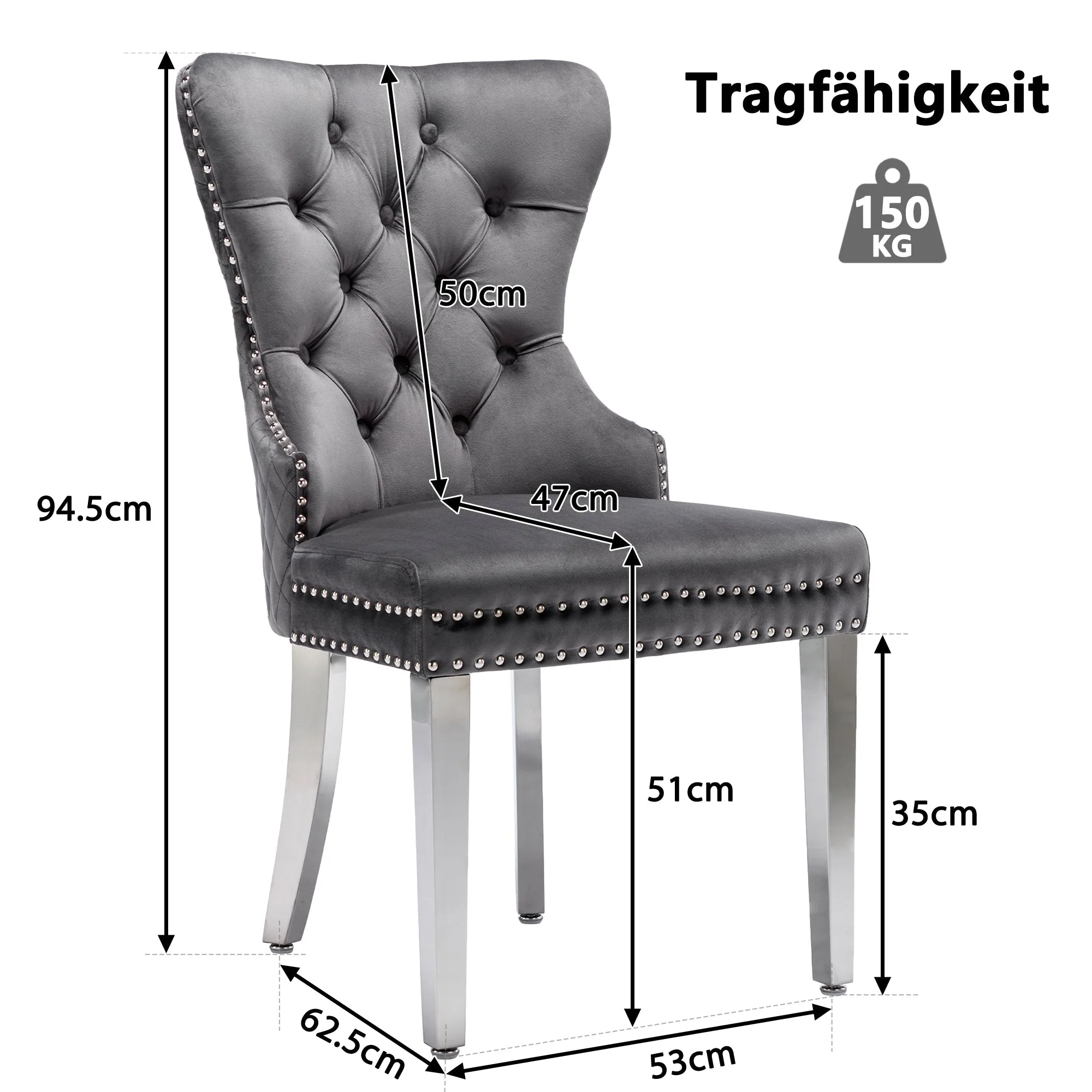 Dining Chair Set of 2 Upholstered Velvet Door Knocker Grey - Image 5