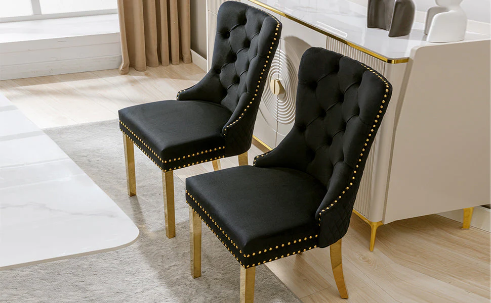 Dining Chair Set of 2 Upholstered Velvet Round Pull Ring Back Nailhead Trim Black/Gold - Image 6