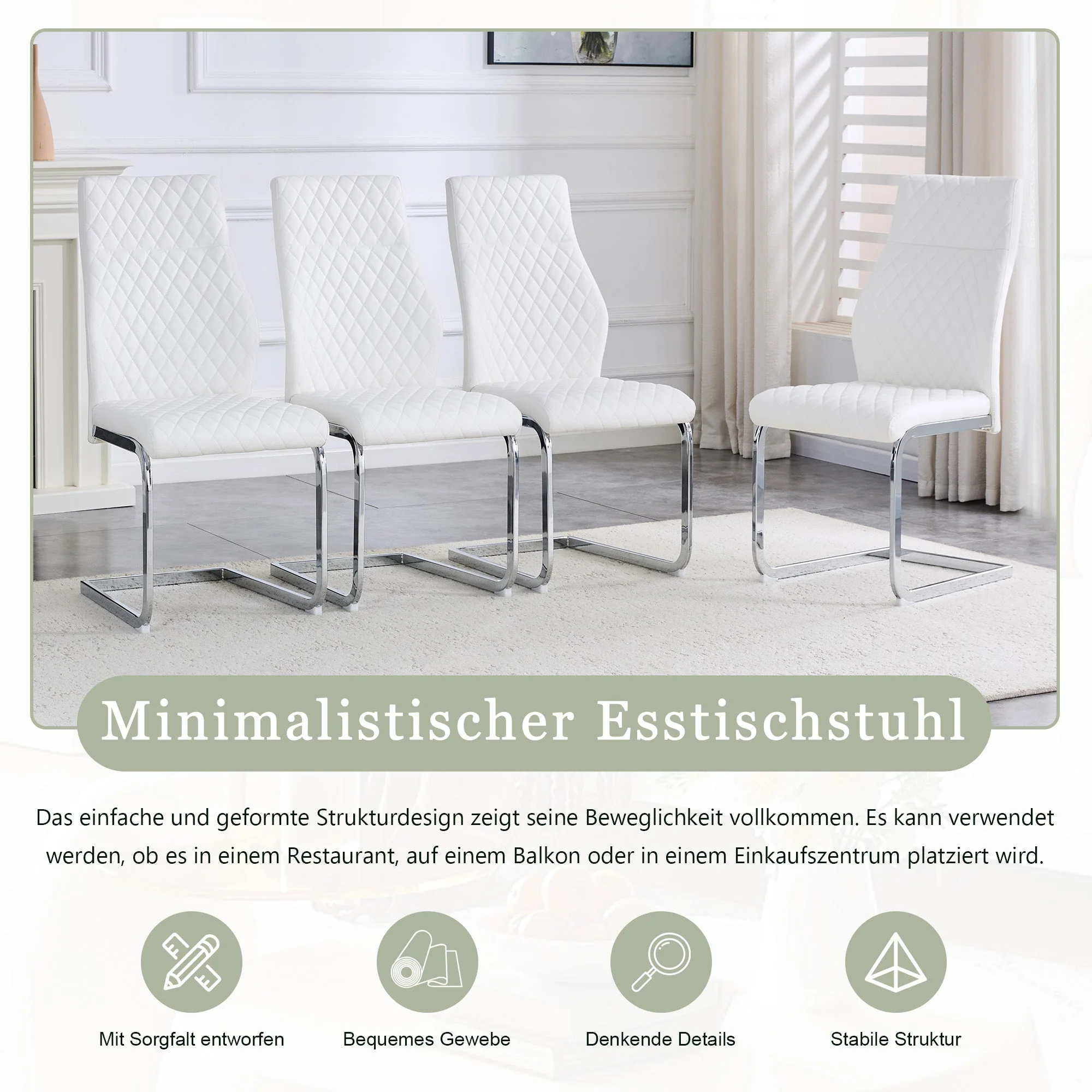 Dining Chair Set of 2 with High Backrest and Padded Seat, White PU Leather and Silver Metal - Image 6