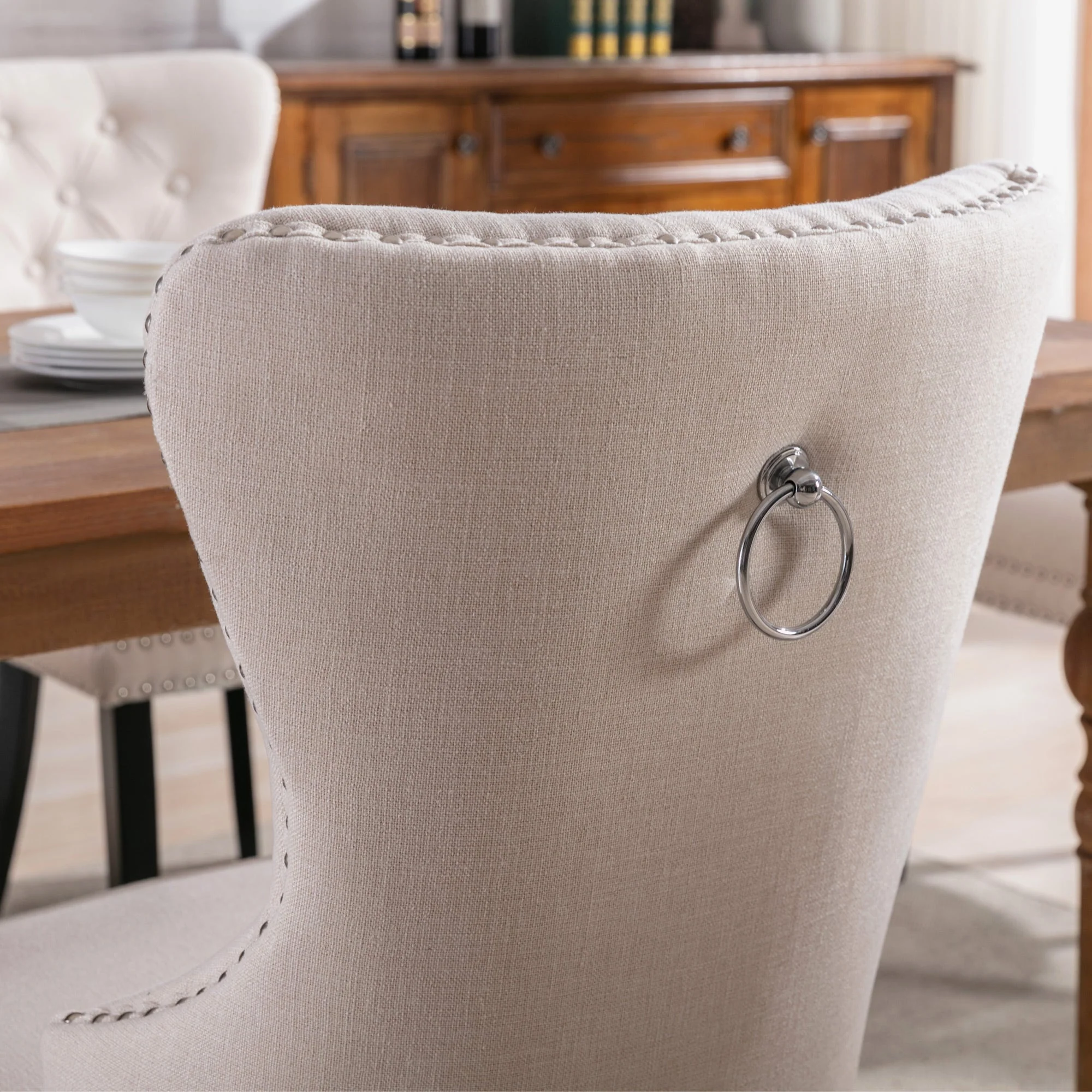 Dining Chair Set of 4, Linen, Oak Legs, Button and Nailhead Trim, Beige - Image 6