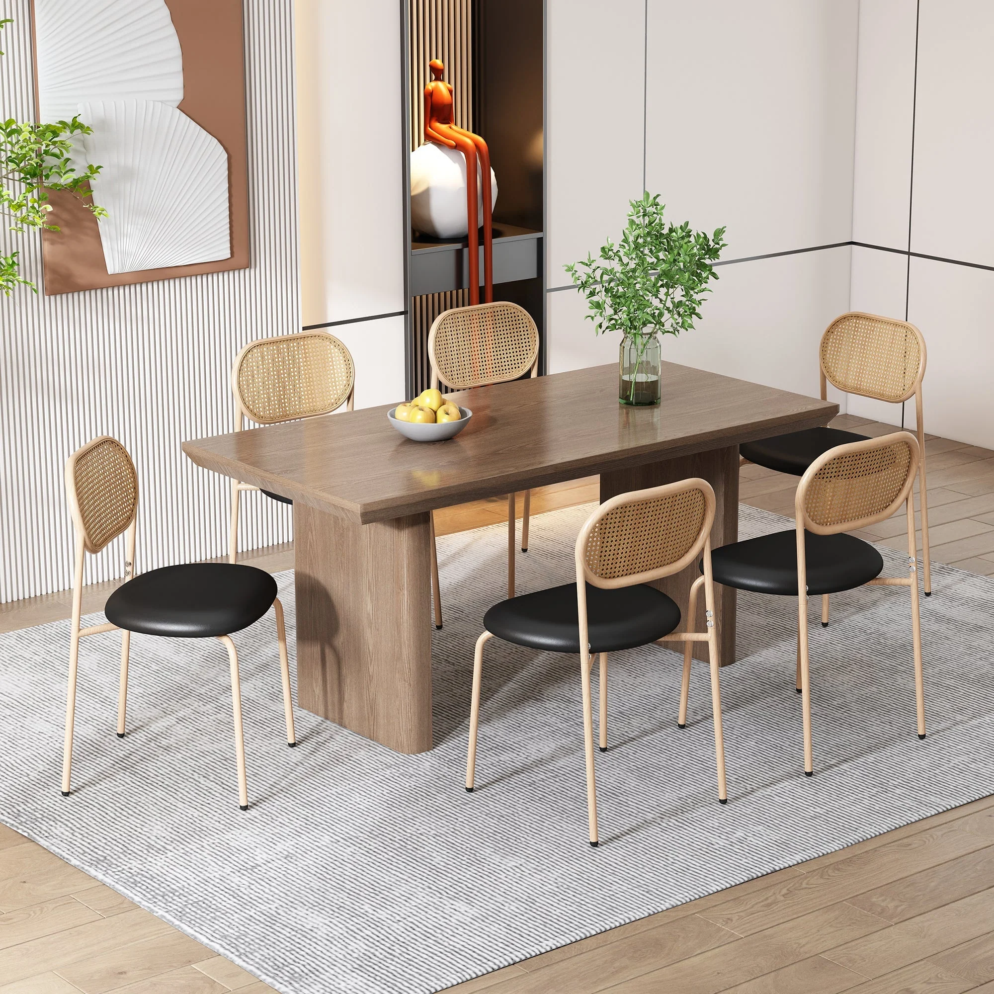 Dining Chair Set of 4 Modern Rattan Metal Legs - Black + Brown - Image 3