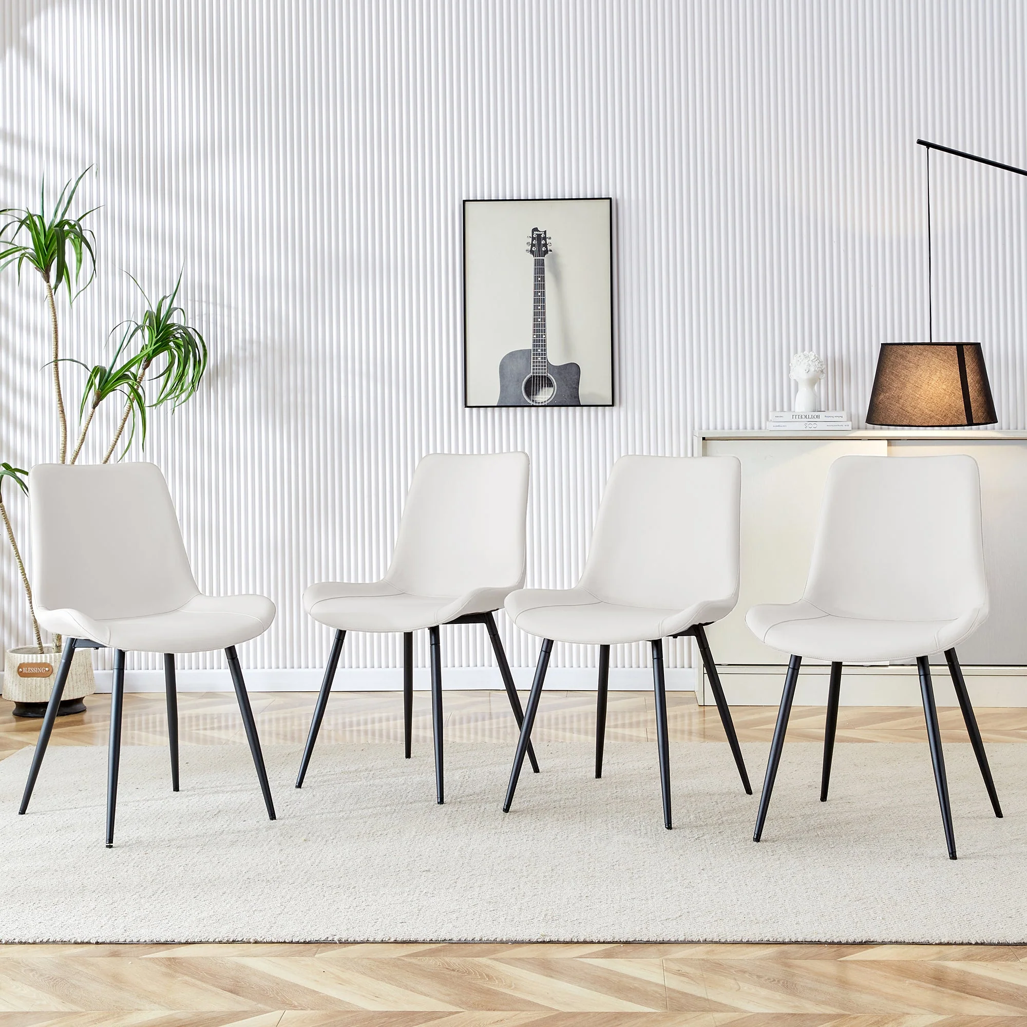 Dining Chair Set of 4 Modern Widened Seat Metal Legs - White Faux Leather - Image 2