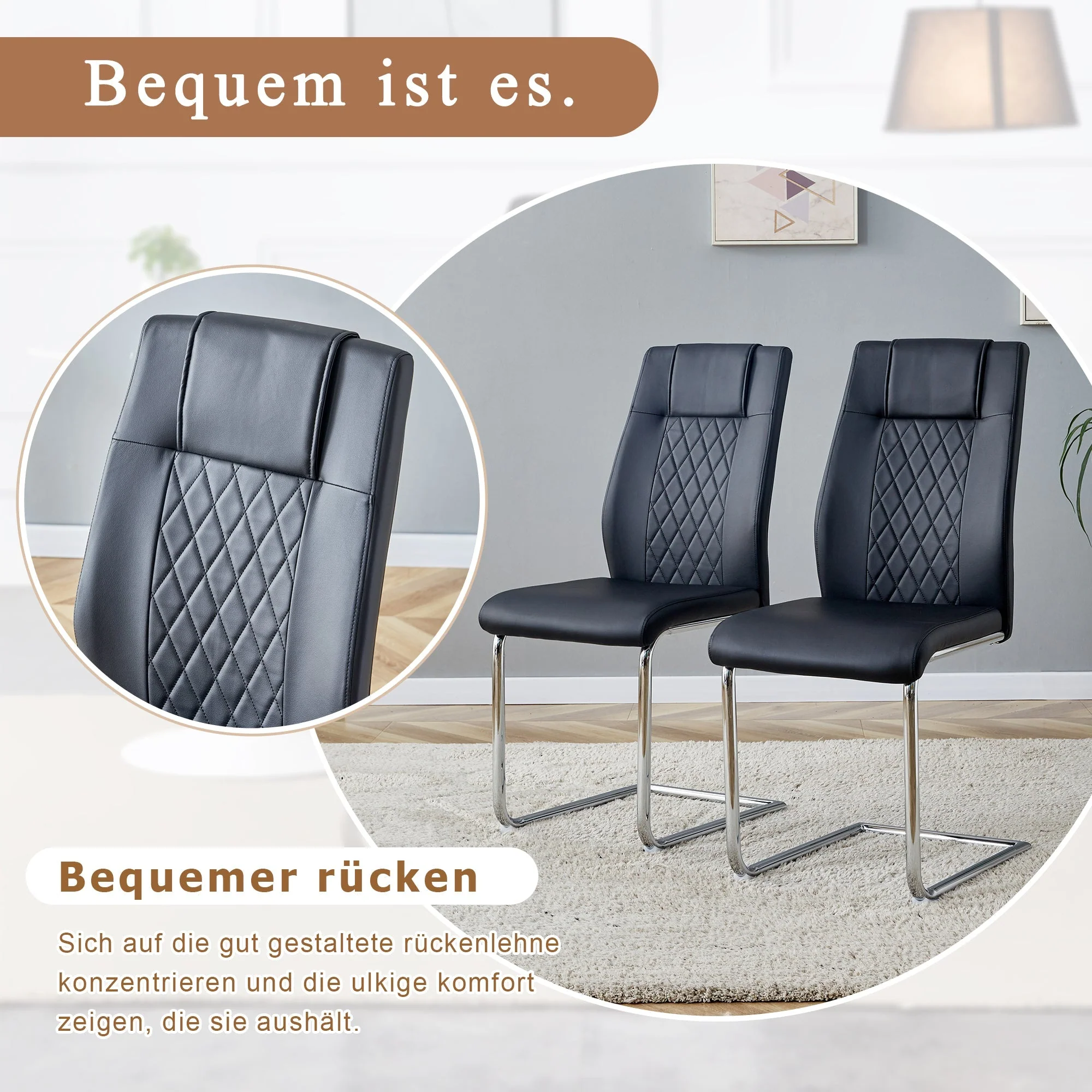 Dining Chair Set of 4 Nordic Style Mesh Stitching Silver Metal Legs Black PU - Image 7