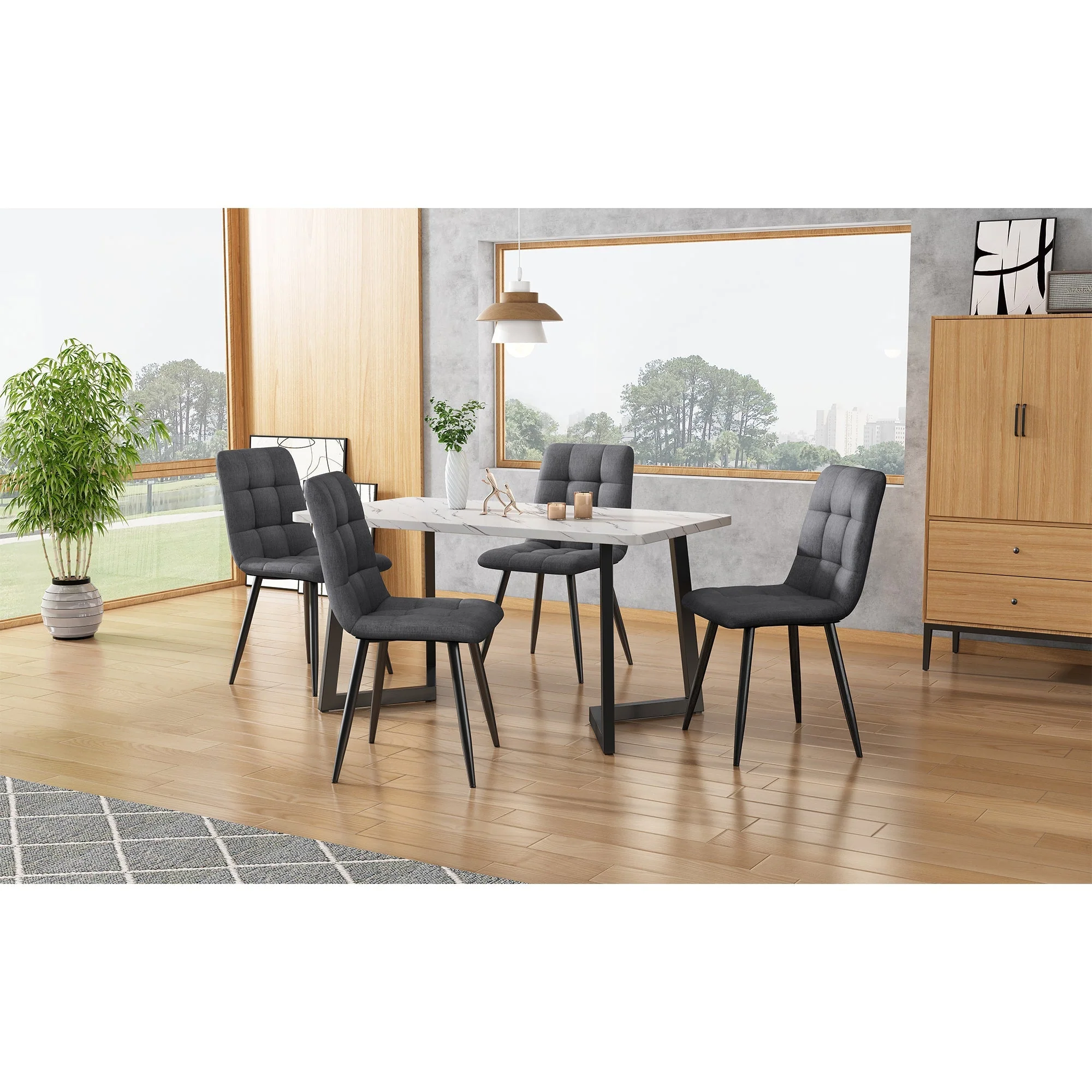 Dining Chair Set of 4 Upholstered Designer Chair with Backrest Metal Frame Dark Grey Linen - Image 2