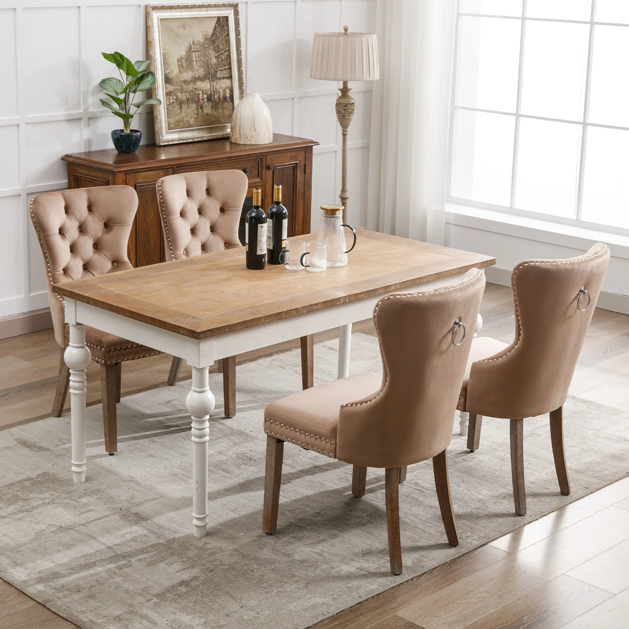 Dining Chair Set of 4, Upholstered Door Knocker Back Nailhead Trim, Brown Velvet