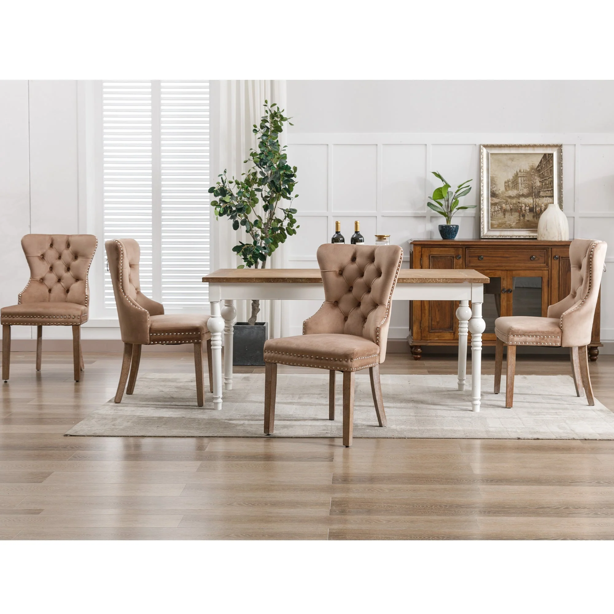 Dining Chair Set of 4, Upholstered Door Knocker Back Nailhead Trim, Brown Velvet - Image 2