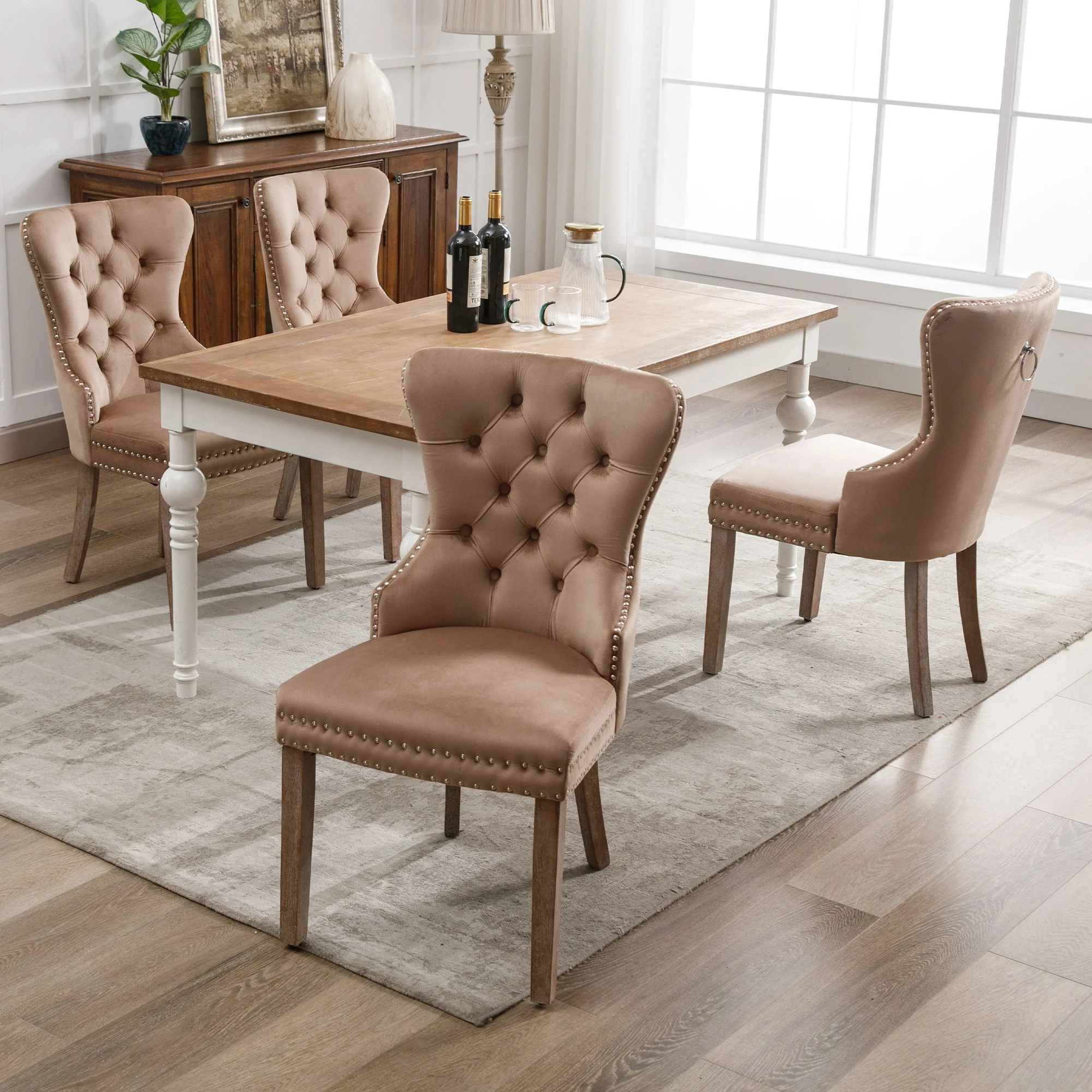 Dining Chair Set of 4, Upholstered Door Knocker Back Nailhead Trim, Brown Velvet - Image 3