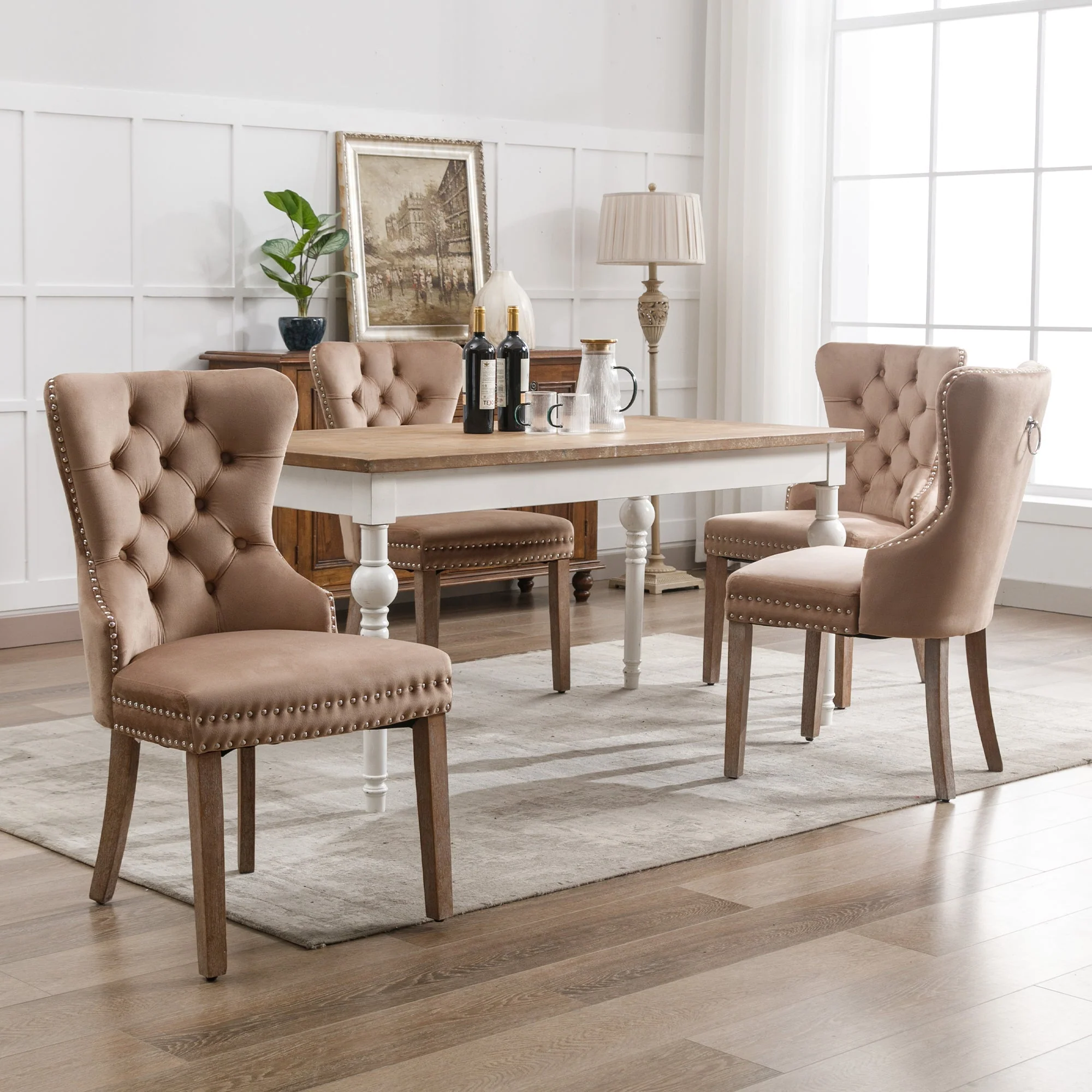 Dining Chair Set of 4, Upholstered Door Knocker Back Nailhead Trim, Brown Velvet - Image 4