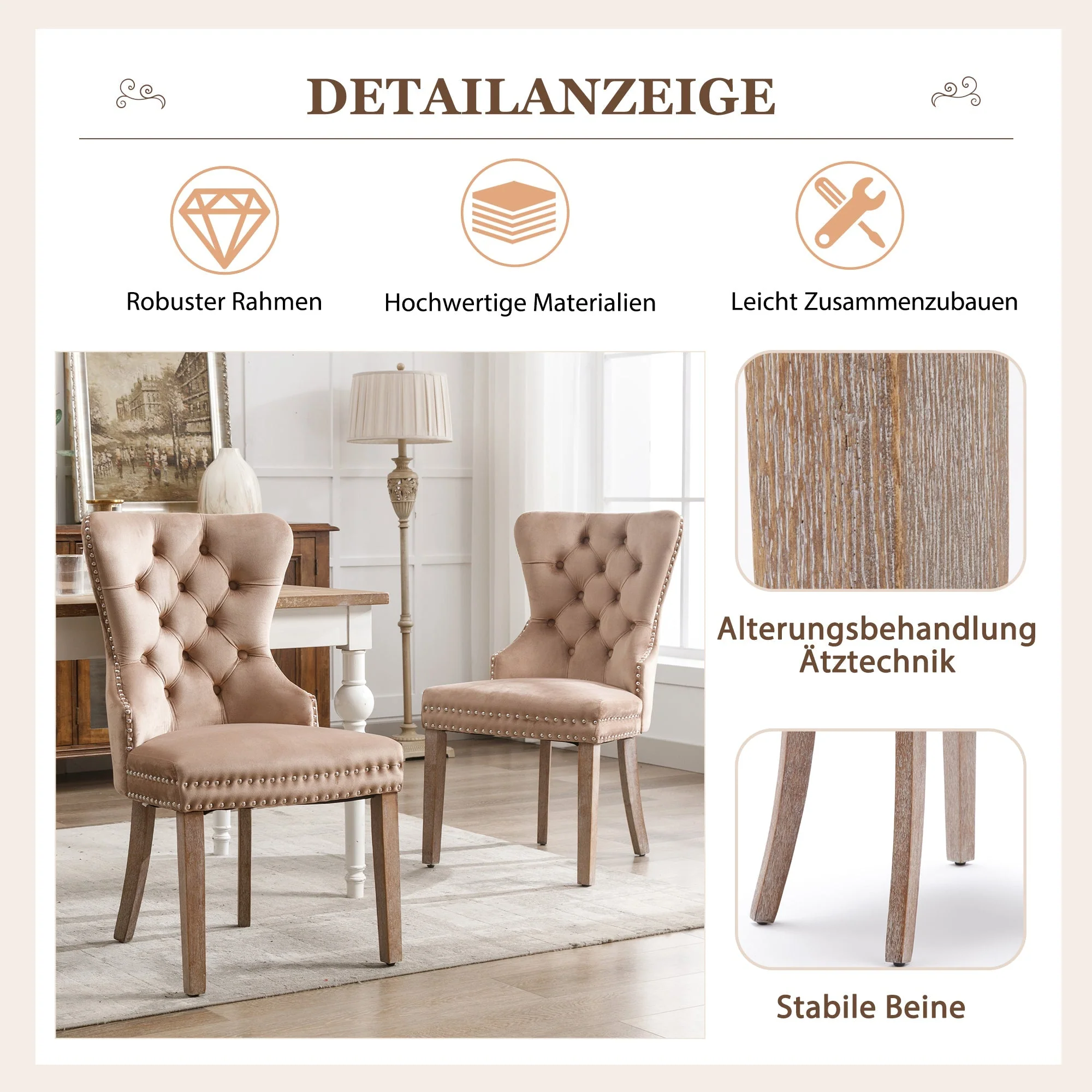 Dining Chair Set of 4, Upholstered Door Knocker Back Nailhead Trim, Brown Velvet - Image 7