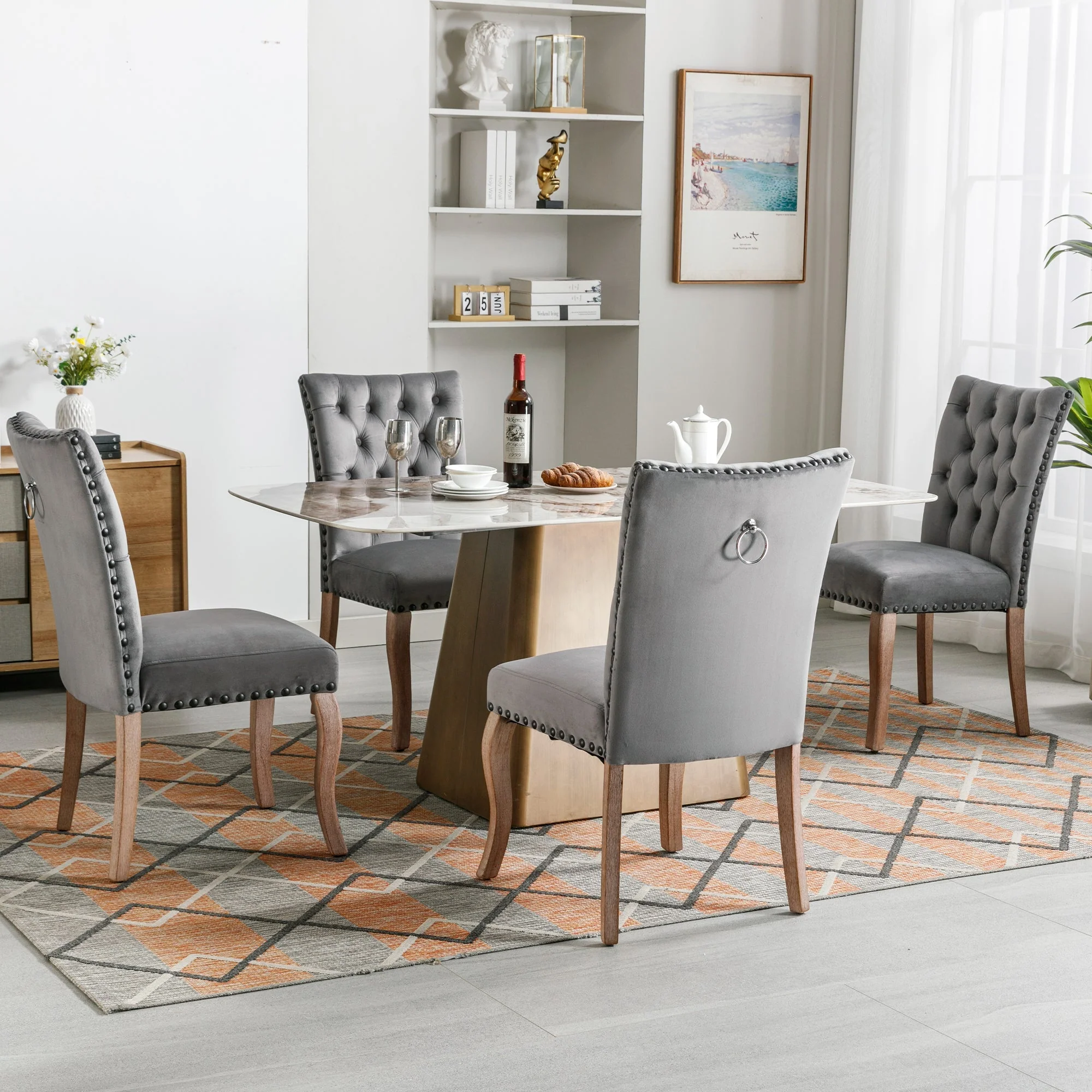 Dining Chair Set of 4 Upholstered Door Knocker Back Nailhead Trim, Grey Velvet - Image 4