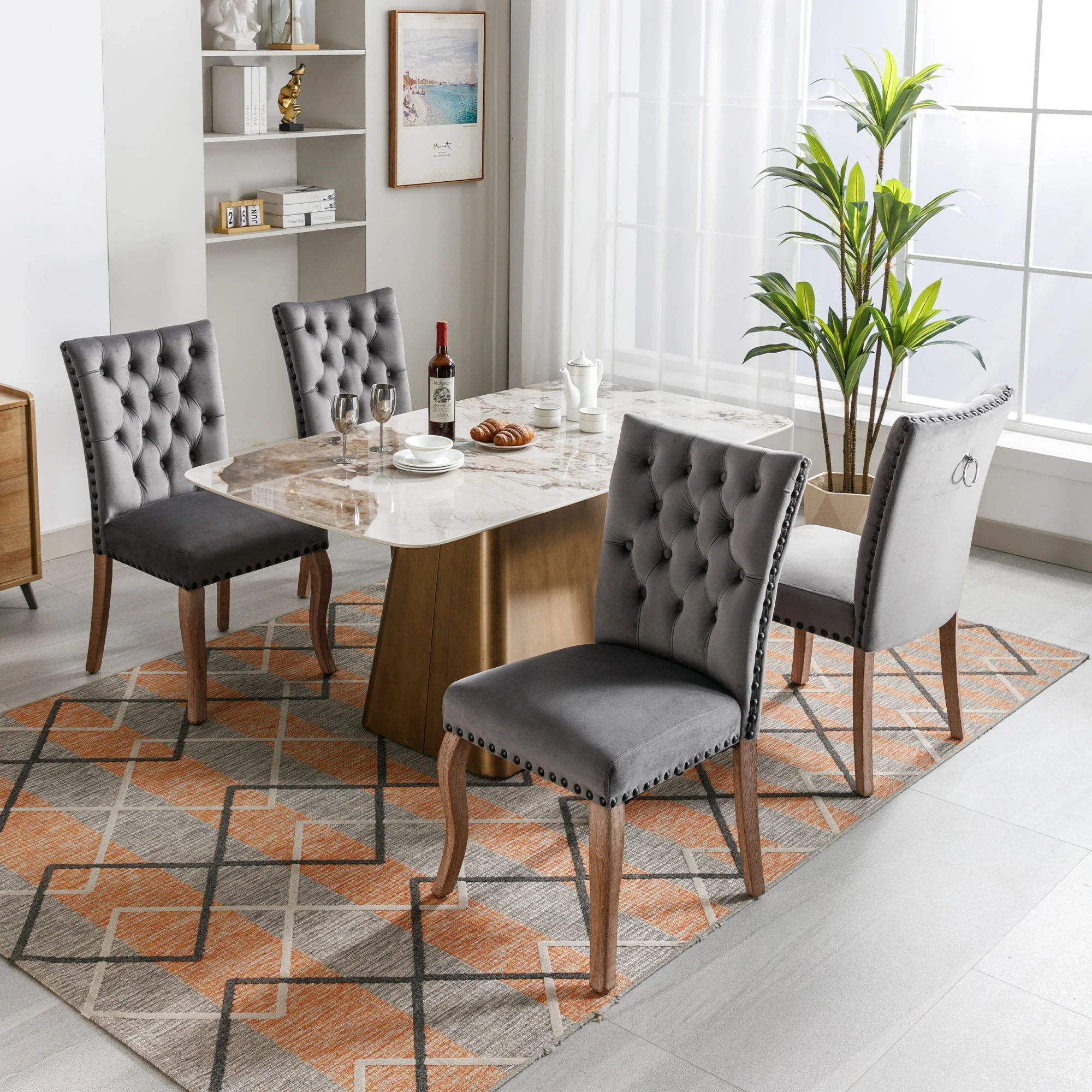 Dining Chair Set of 4 Upholstered Door Knocker Back Nailhead Trim, Grey Velvet - Image 5