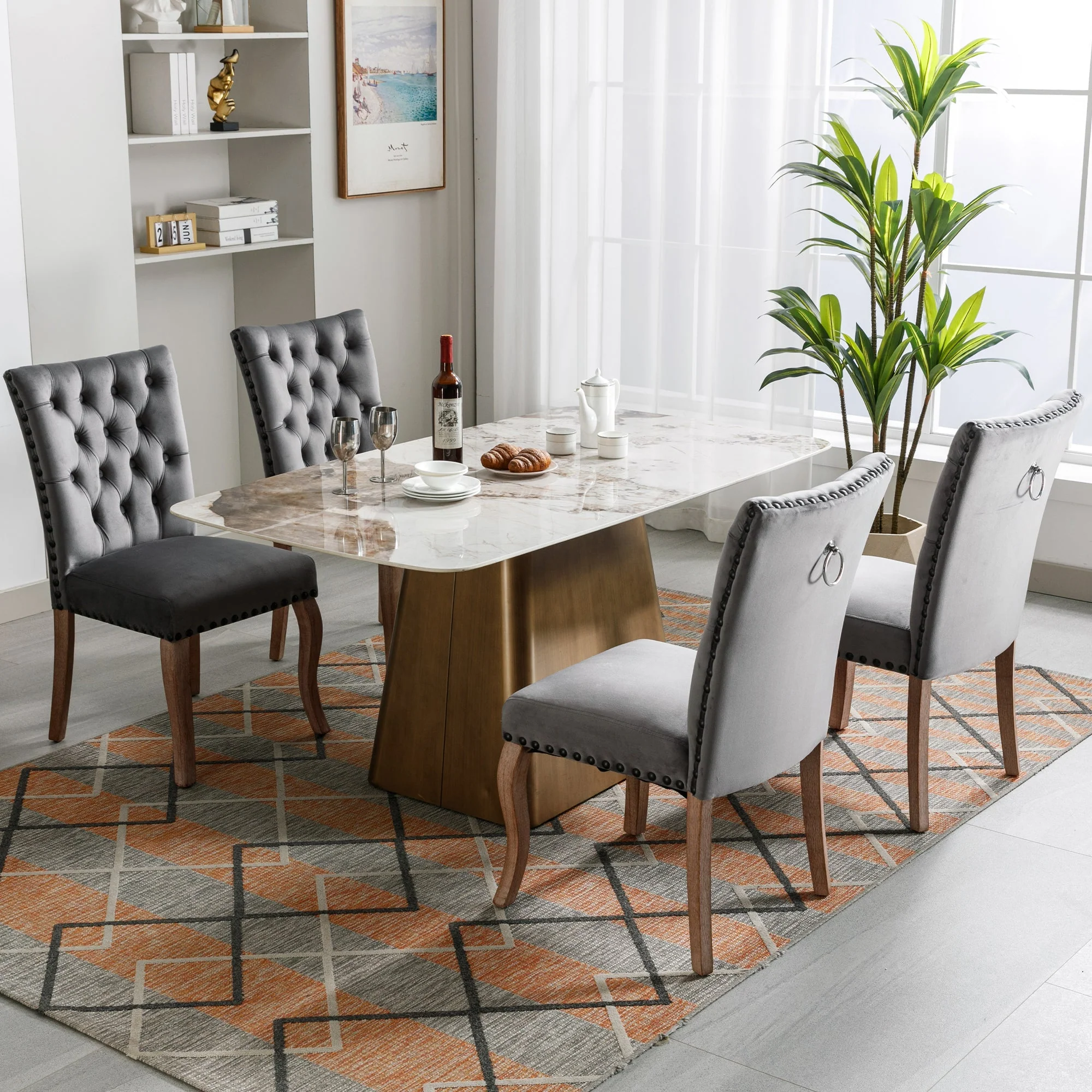 Dining Chair Set of 4 Upholstered Door Knocker Back Nailhead Trim, Grey Velvet - Image 6