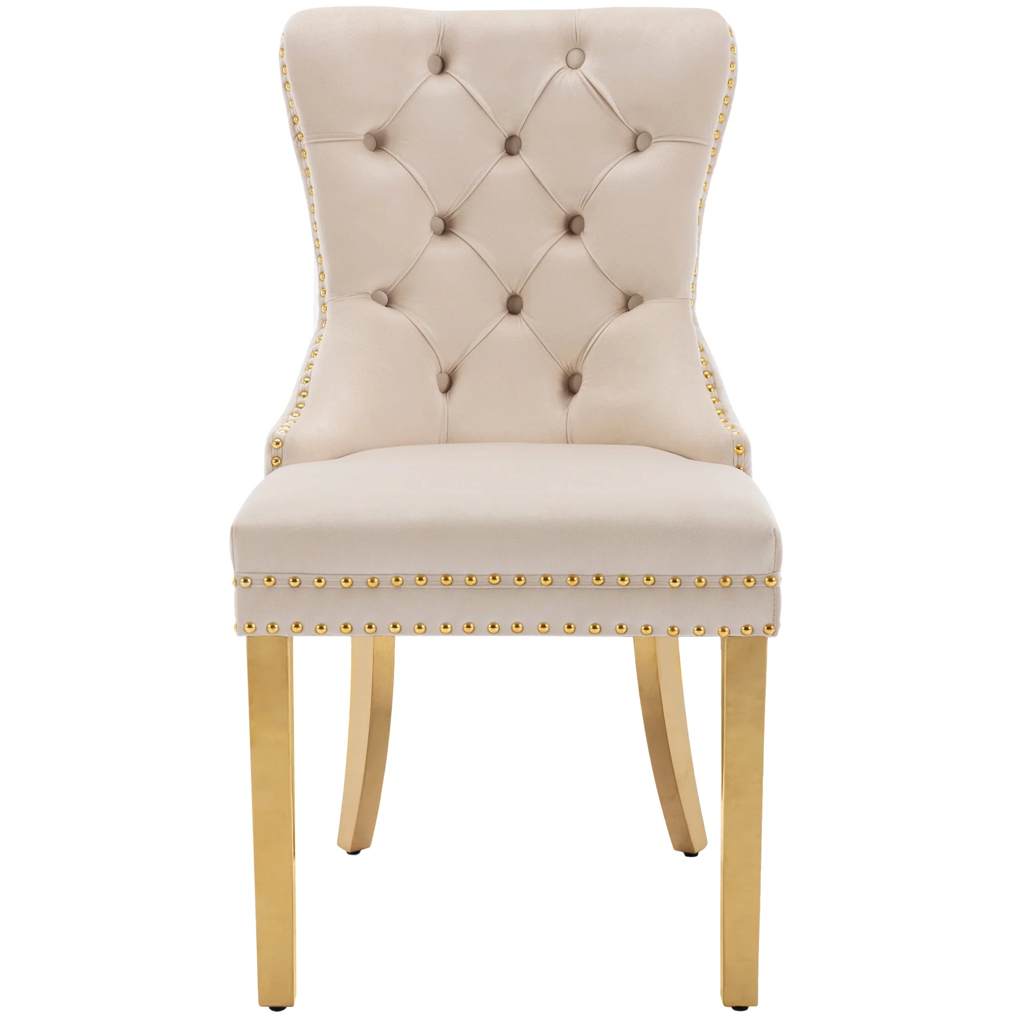 Dining Chair Set of 4 Upholstered Door Knocker Nailhead Trim Beige Velvet/Gold - Image 10