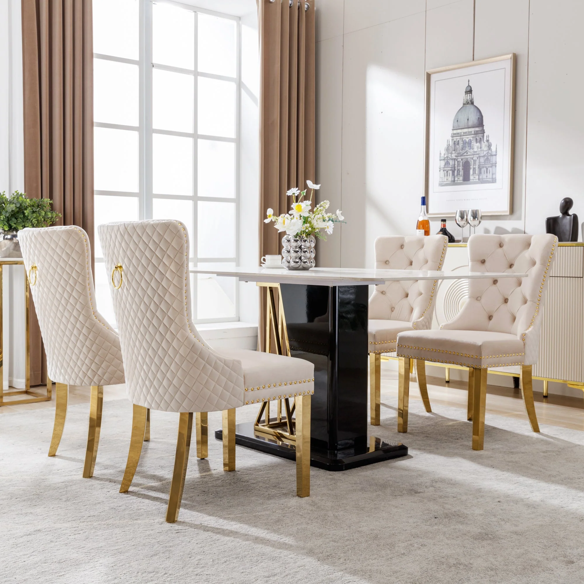 Dining Chair Set of 4 Upholstered Door Knocker Nailhead Trim Beige Velvet/Gold - Image 2