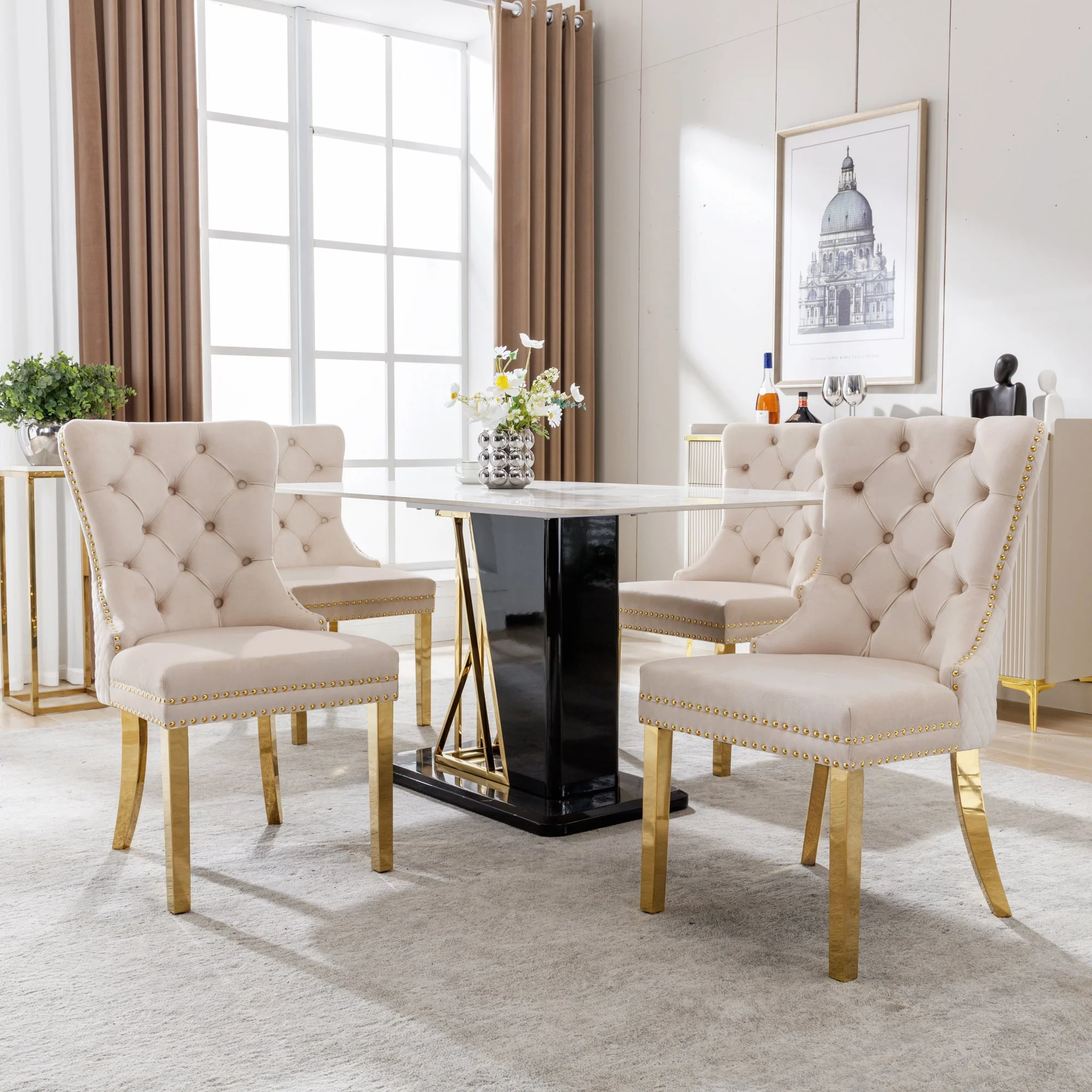 Dining Chair Set of 4 Upholstered Door Knocker Nailhead Trim Beige Velvet/Gold - Image 4