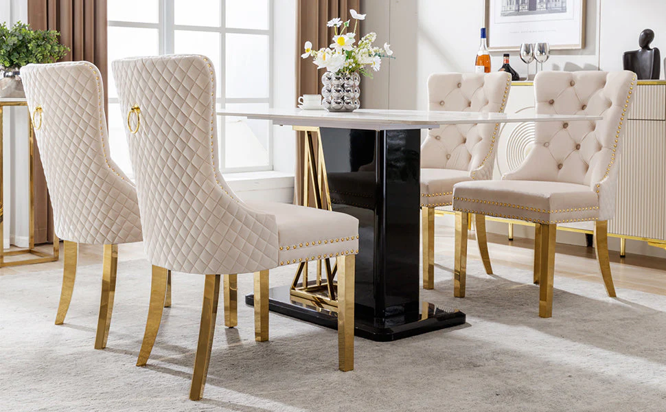 Dining Chair Set of 4 Upholstered Door Knocker Nailhead Trim Beige Velvet/Gold - Image 6