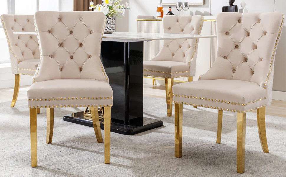 Dining Chair Set of 4 Upholstered Door Knocker Nailhead Trim Beige Velvet/Gold - Image 7