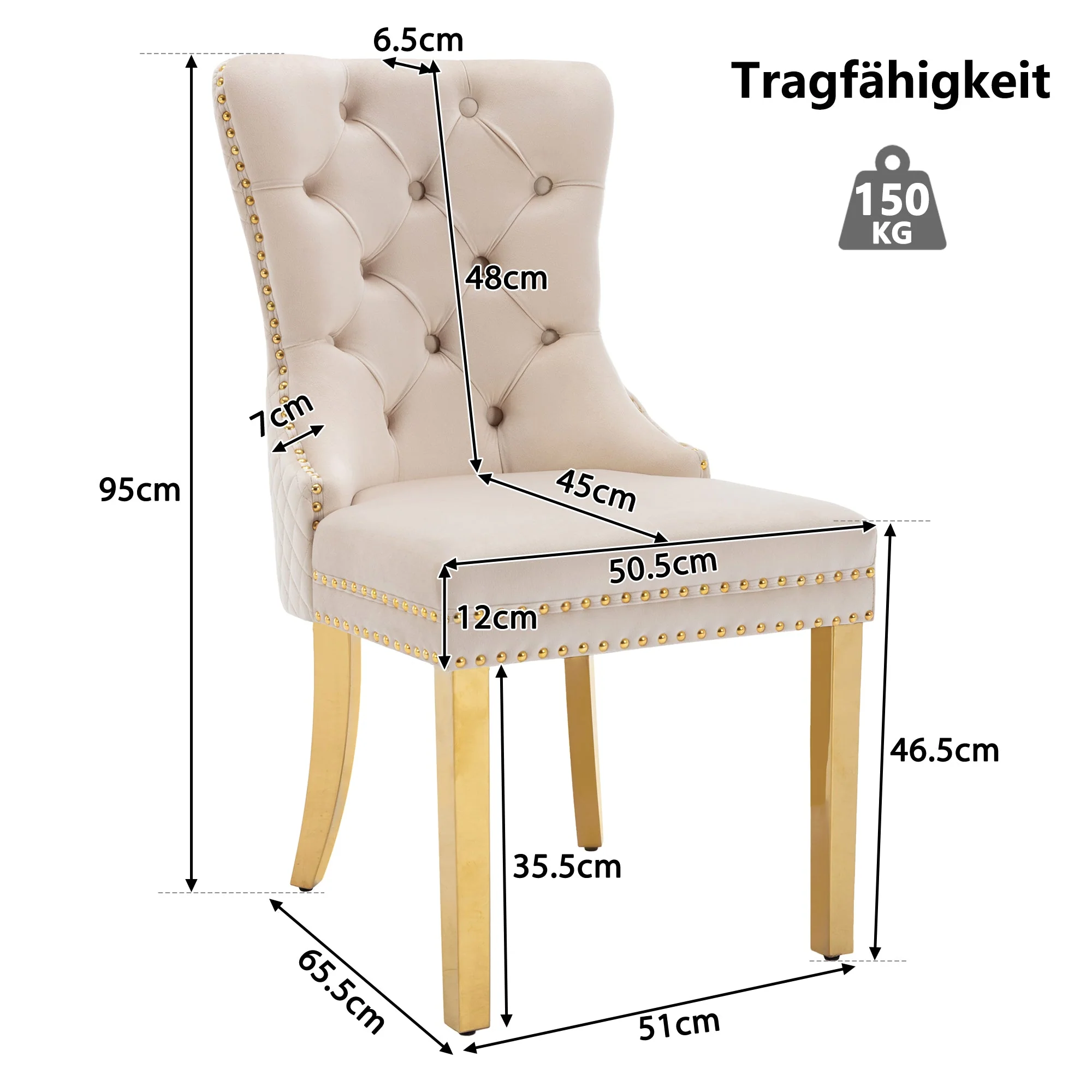 Dining Chair Set of 4 Upholstered Door Knocker Nailhead Trim Beige Velvet/Gold - Image 8
