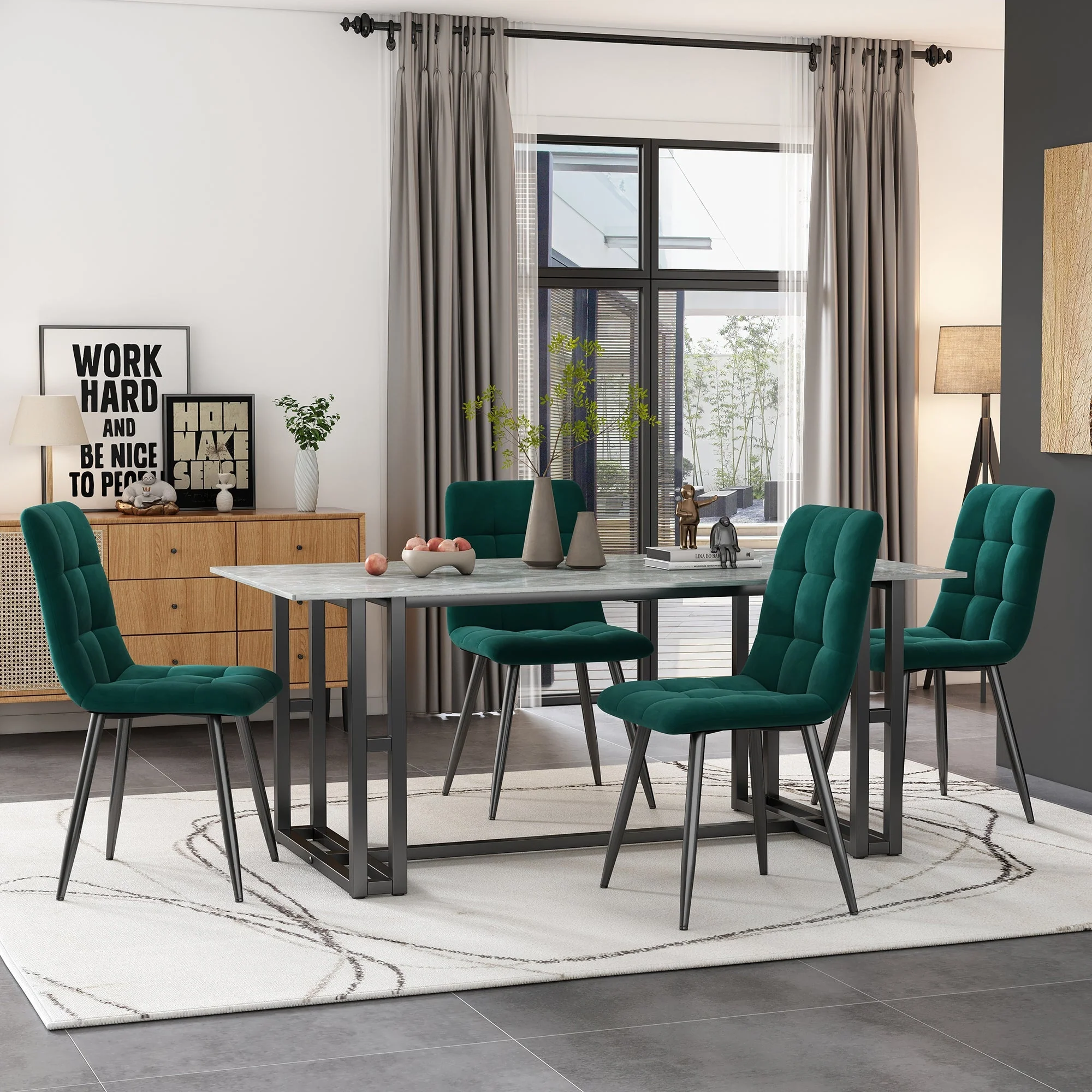 Dining Chair Set of 4 Upholstered Velvet Seat Metal Frame Dark Green - Image 11
