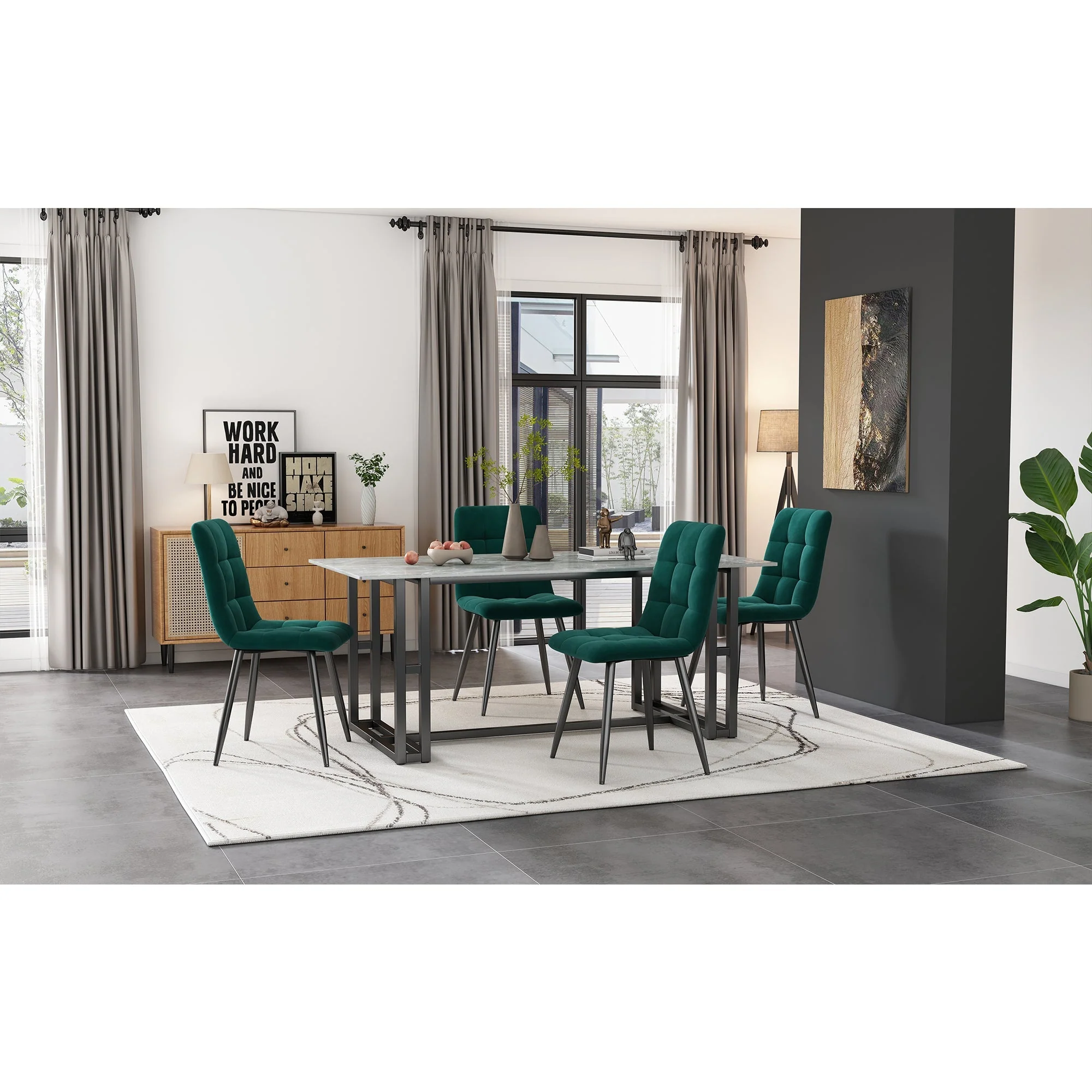 Dining Chair Set of 4 Upholstered Velvet Seat Metal Frame Dark Green - Image 12