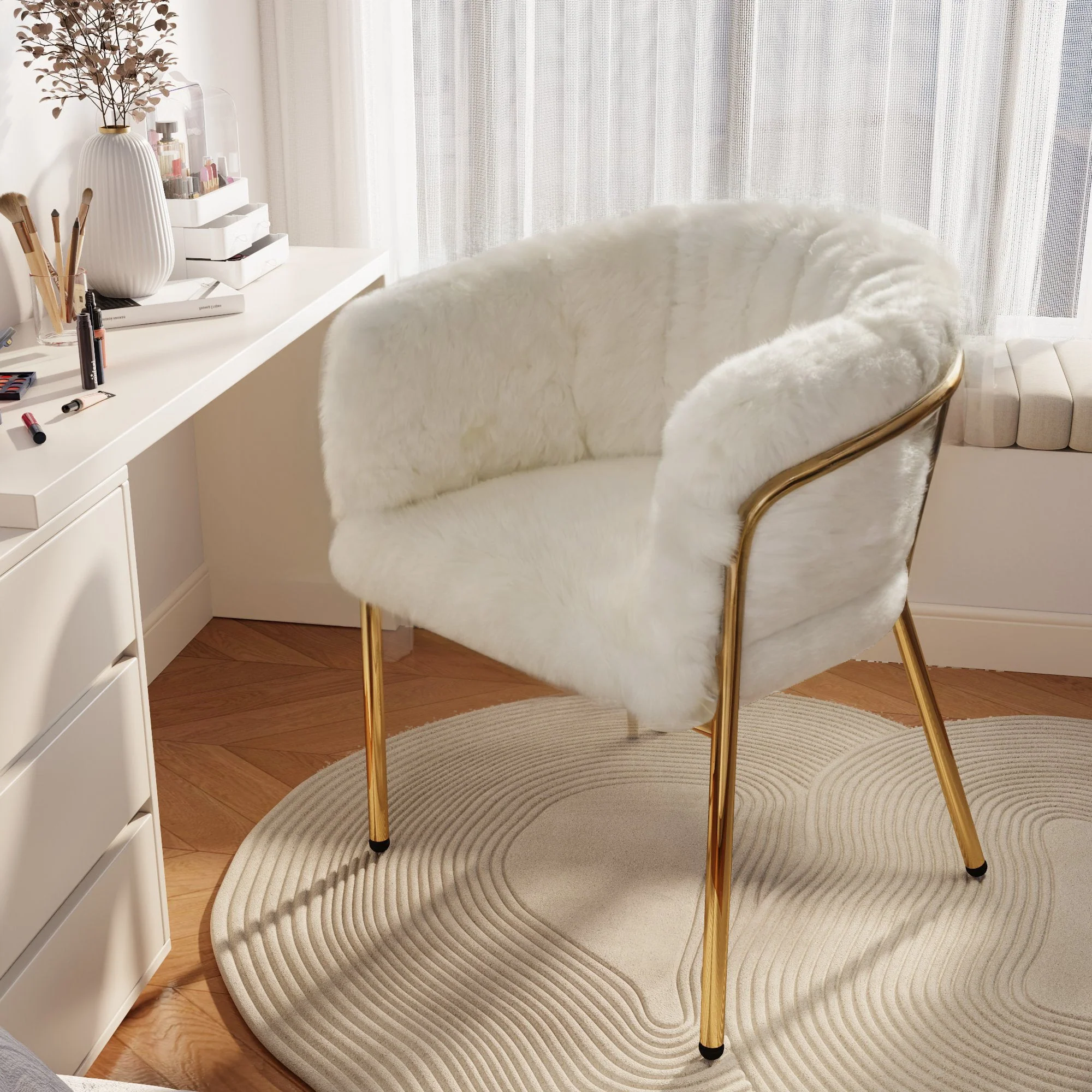 Dining Chair, Set of 6, Leisure and Dressing Chair for Living Room and Bedroom, Metal Legs, Imitation Rabbit Down Beige - Image 3