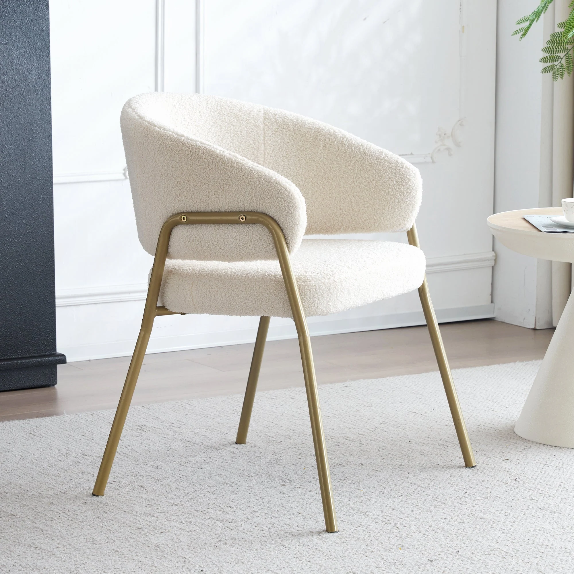 Dining Chair (Set of 6) Modern Lambskin Velvet Upholstered Golden Legs White/Gold - Image 8