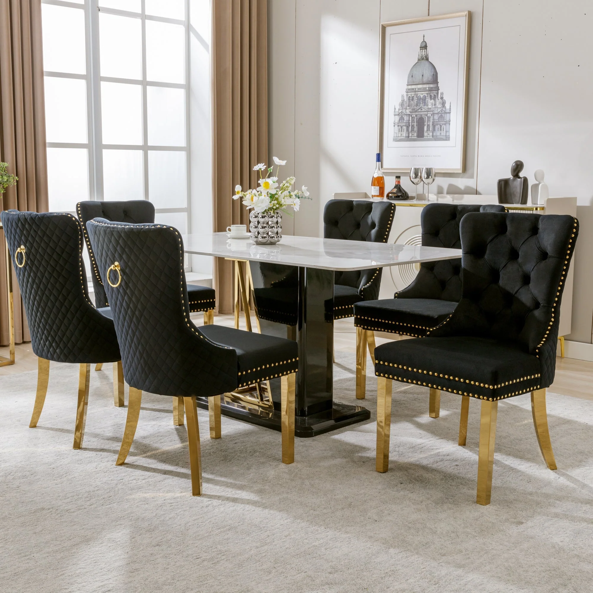 Dining Chair Set of 6 Upholstered Velvet Round Pull Ring Back Nailhead Trim Black/Gold - Image 2