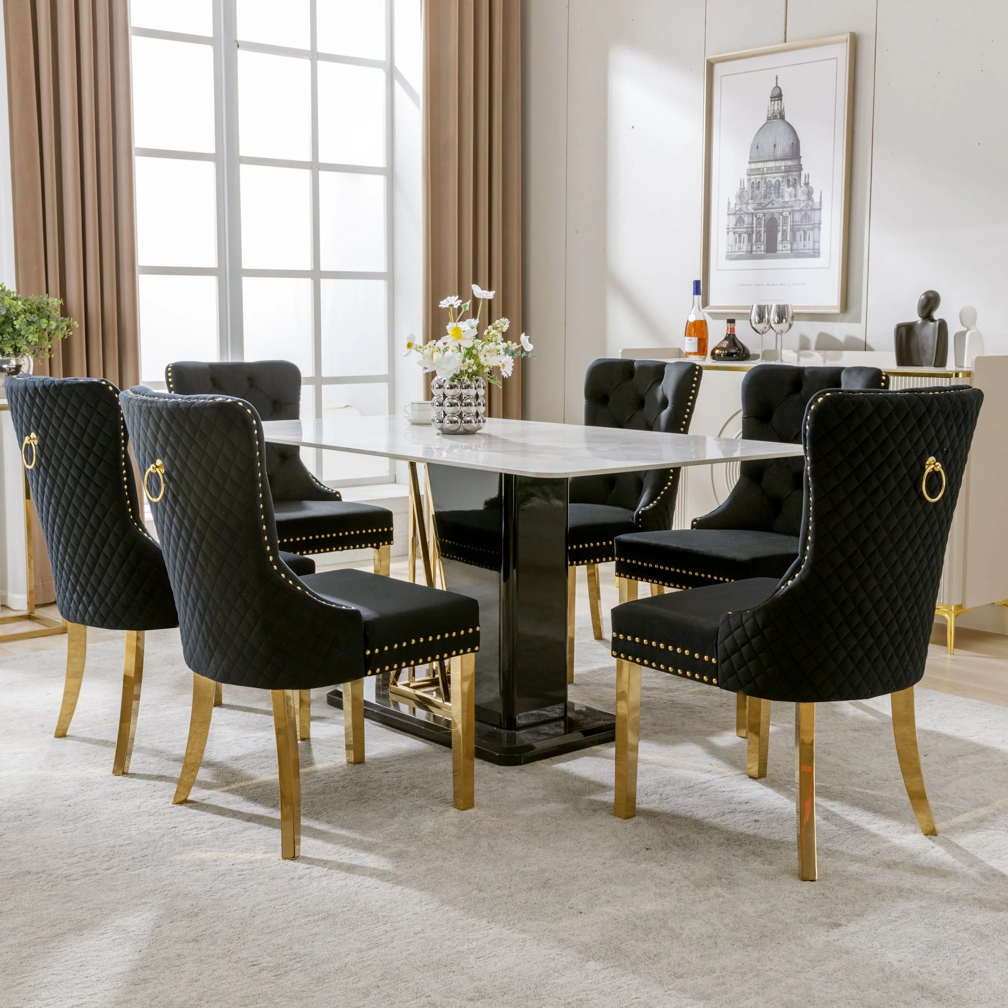 Dining Chair Set of 6 Upholstered Velvet Round Pull Ring Back Nailhead Trim Black/Gold - Image 5