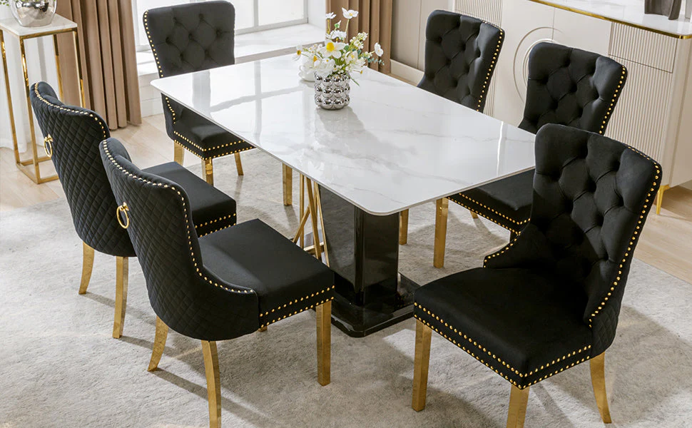 Dining Chair Set of 6 Upholstered Velvet Round Pull Ring Back Nailhead Trim Black/Gold - Image 7