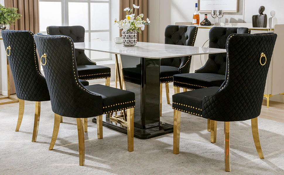 Dining Chair Set of 6 Upholstered Velvet Round Pull Ring Back Nailhead Trim Black/Gold - Image 8