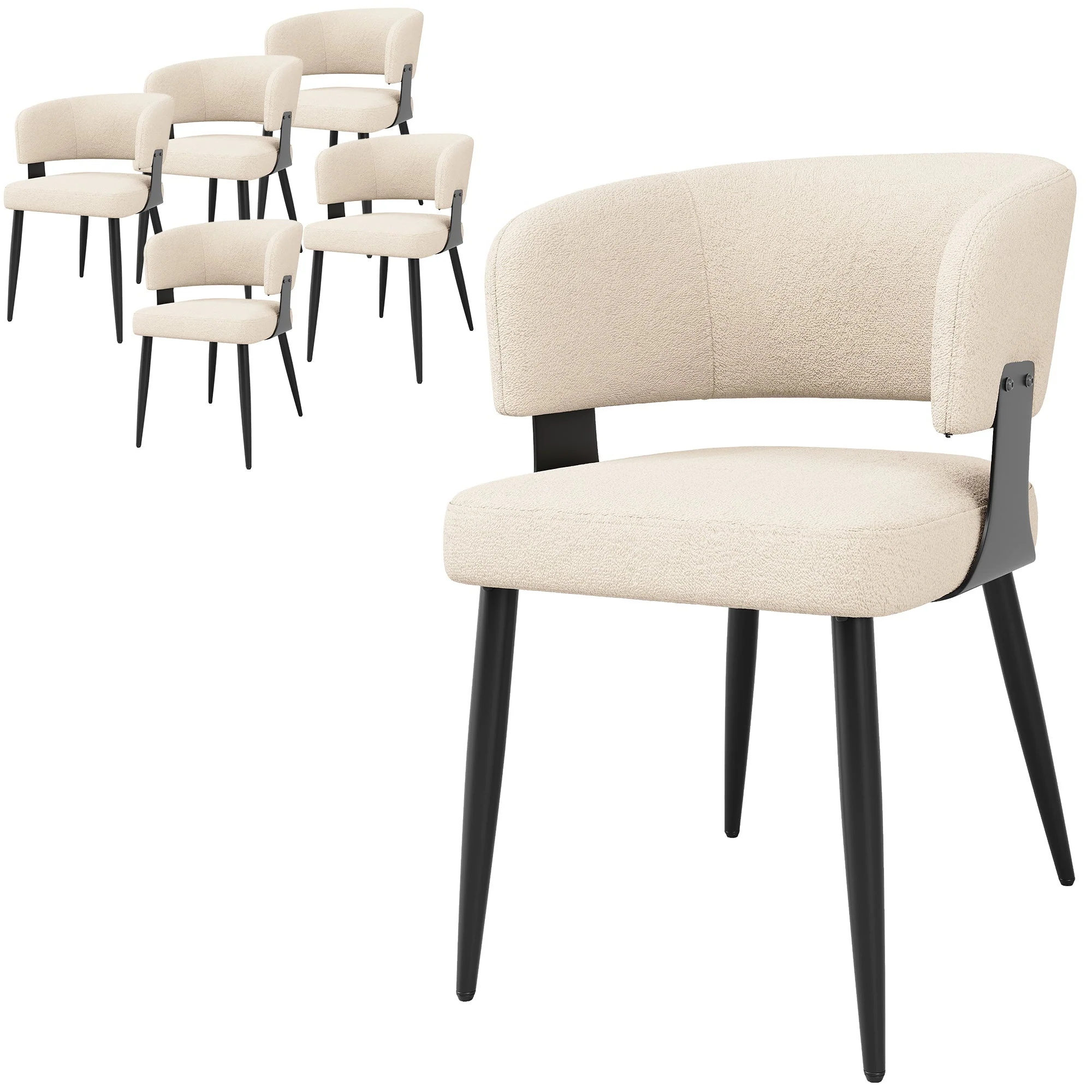 Dining Chair Set of 6 with Curved Backrest and Ergonomic Design, Flannel, Beige and Grey - Image 10