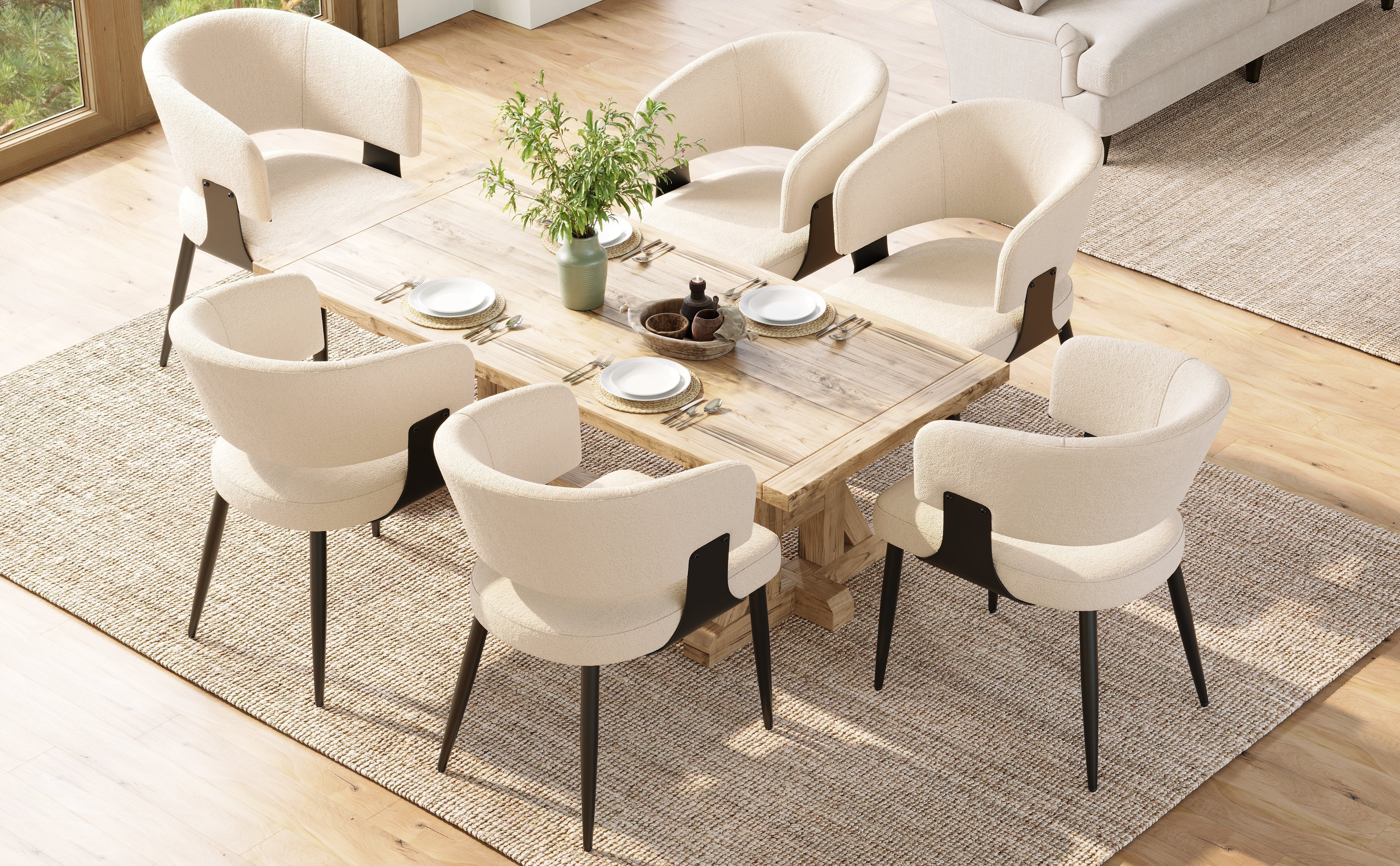 Dining Chair Set of 6 with Curved Backrest and Ergonomic Design, Flannel, Beige and Grey - Image 2