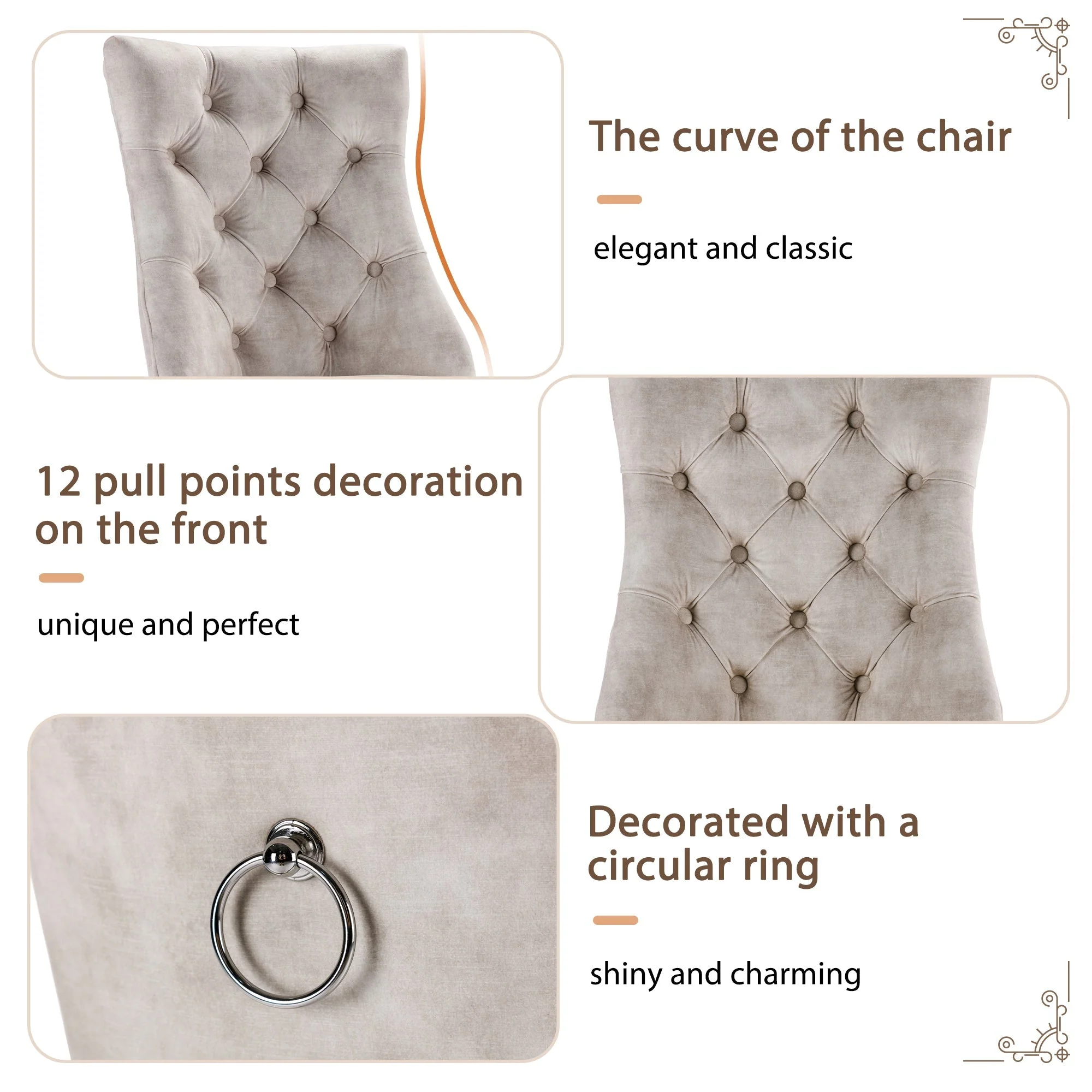 Dining Chair Set (Set of 2) High Backrest Button Tufting Solid Wood Frame Light Beige Velvet - Image 6