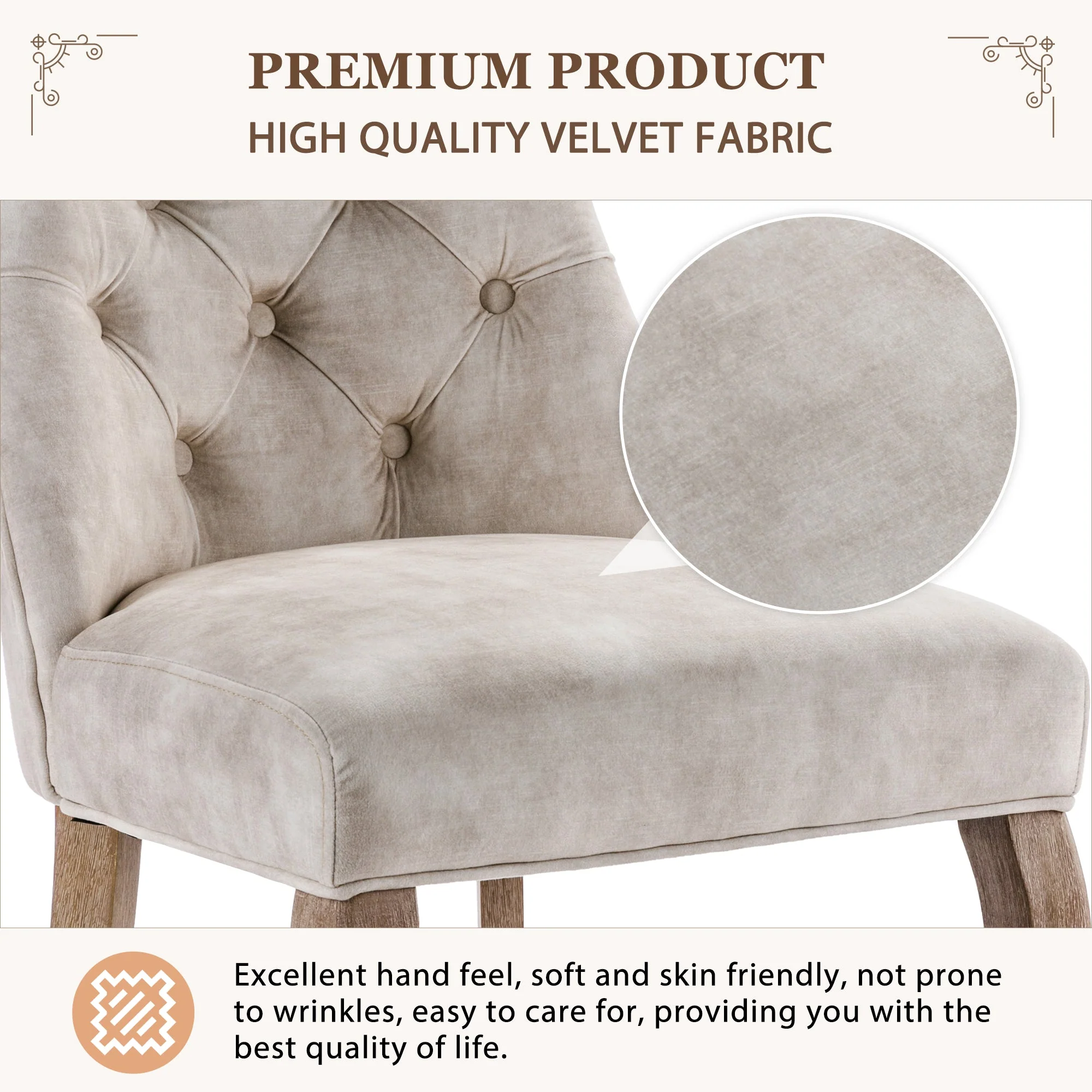 Dining Chair Set (Set of 2) High Backrest Button Tufting Solid Wood Frame Light Beige Velvet - Image 8