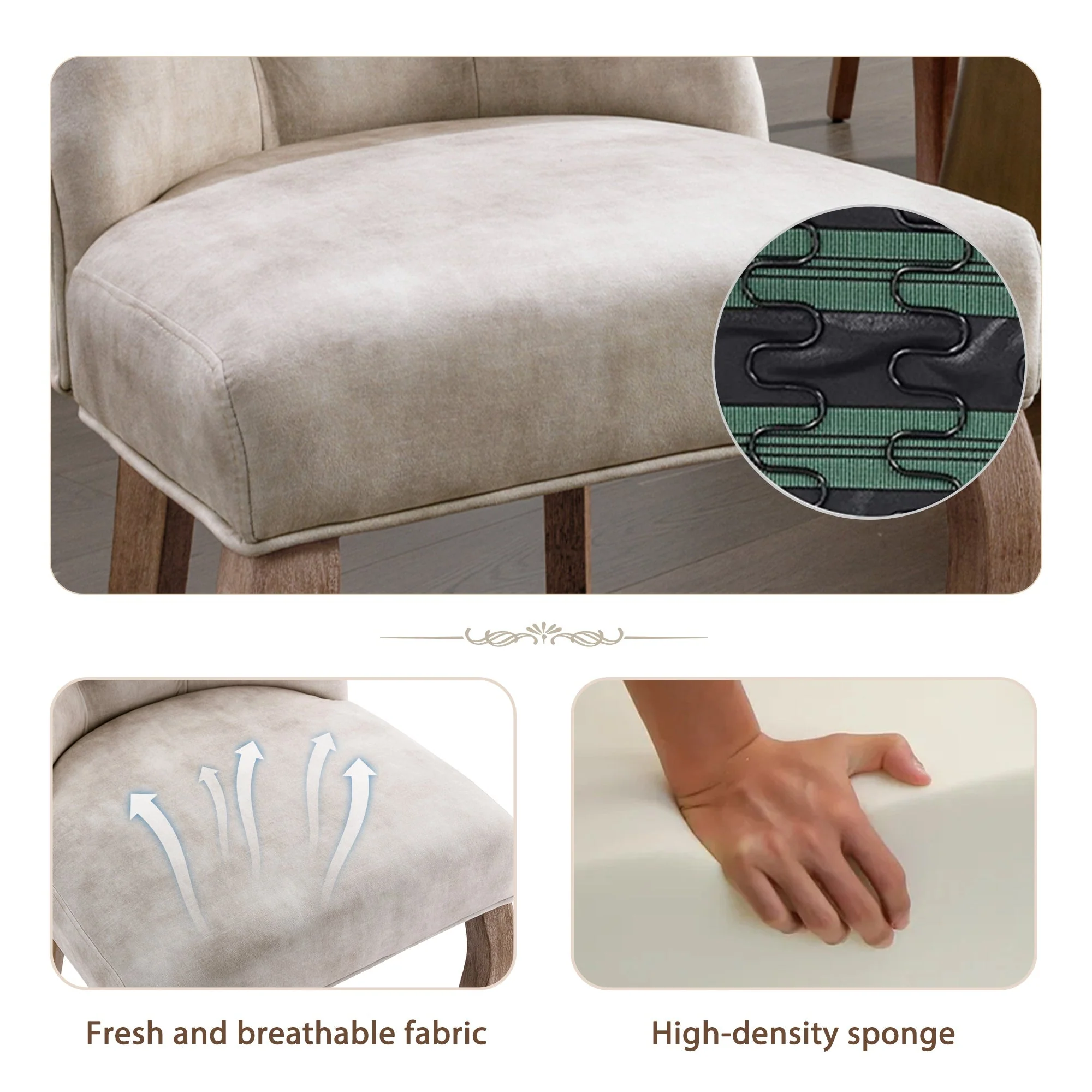 Dining Chair Set (Set of 2) High Backrest Button Tufting Solid Wood Frame Light Beige Velvet - Image 9