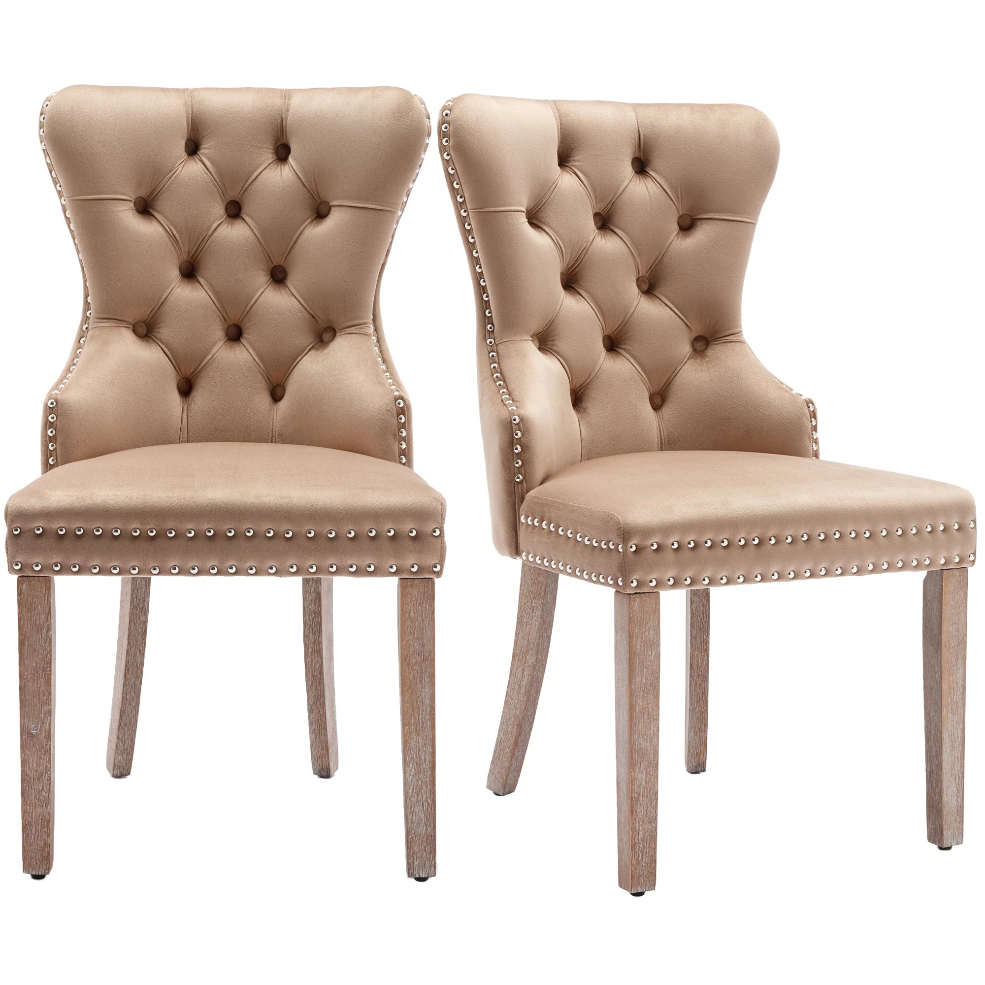 Dining Chair Velvet Upholstered Door Knocker Nailhead Trim Solid Wood Legs 2-Piece Brown - Image 10