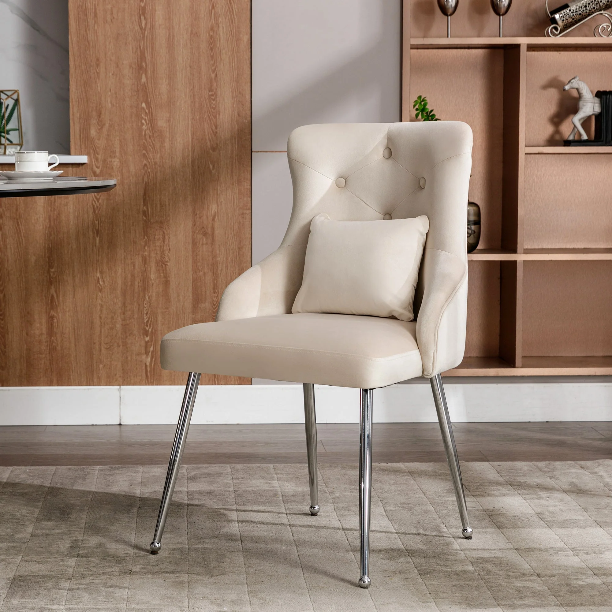Dining Chair with Button Pattern and Lumbar Cushion, Upholstered with Metal Legs, Beige - Image 5