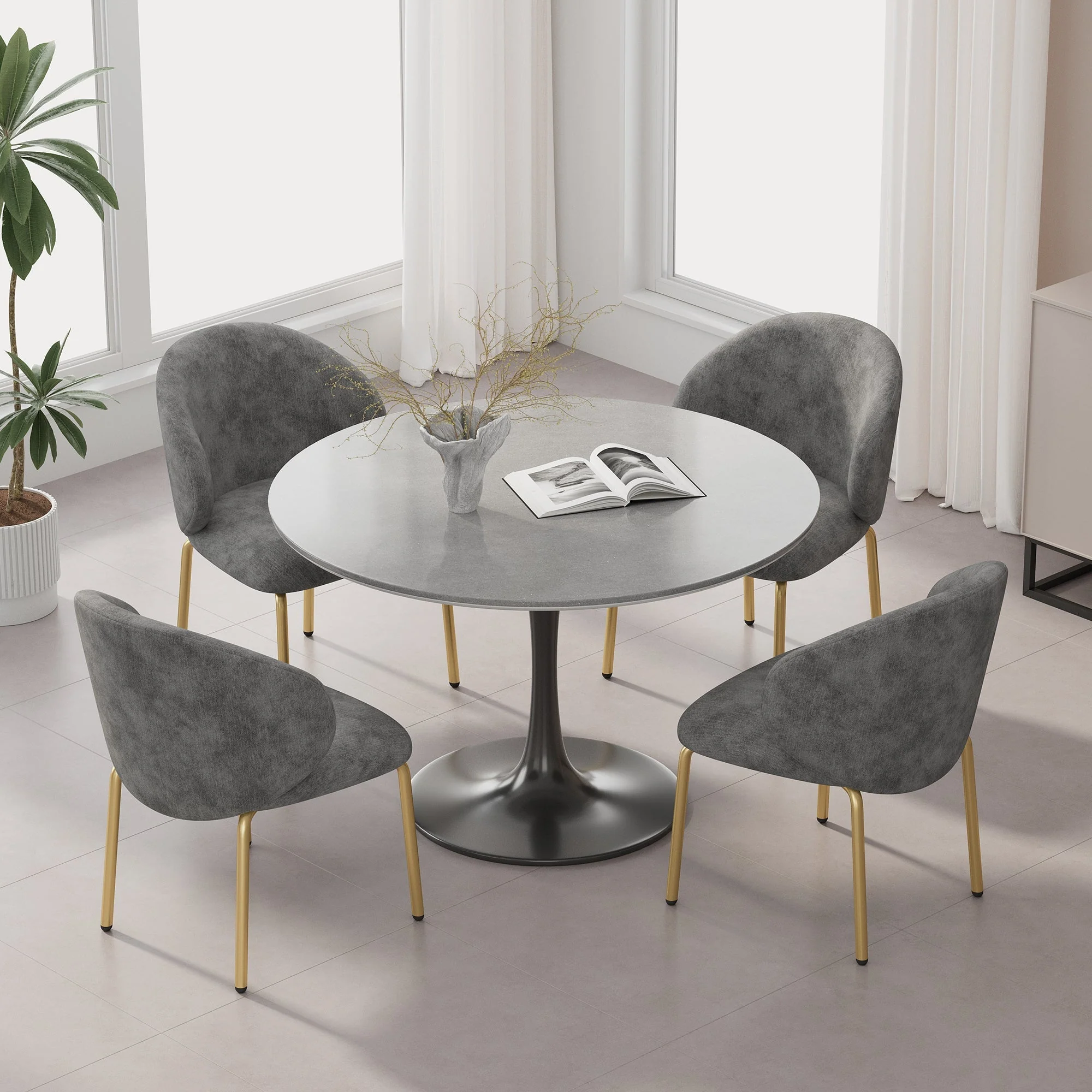 Dining Chairs and Lounge Chairs with Gold Legs, Set of 4, Grey Chenille
