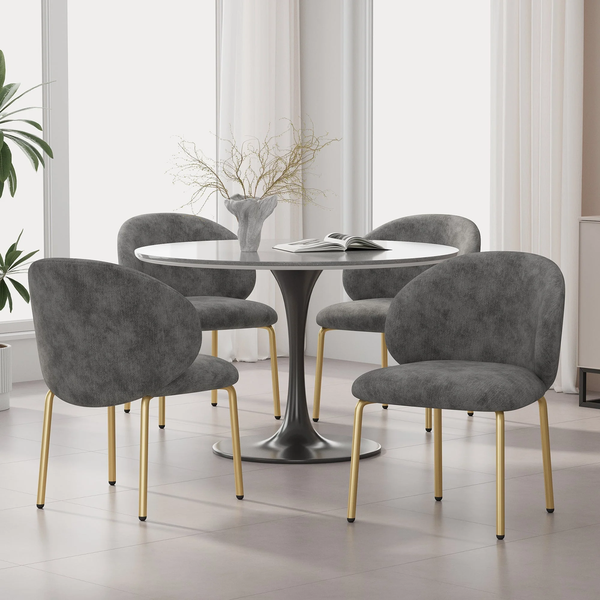Dining Chairs and Lounge Chairs with Gold Legs, Set of 4, Grey Chenille - Image 2