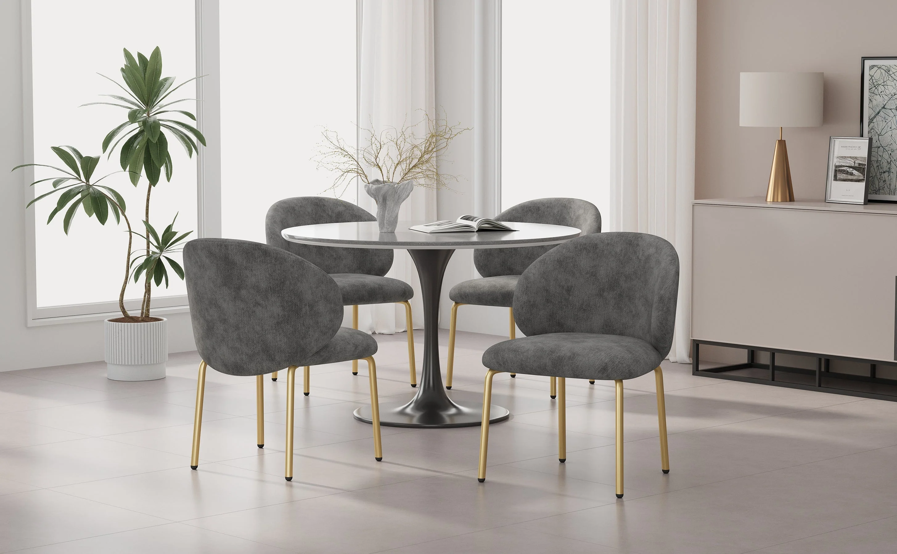 Dining Chairs and Lounge Chairs with Gold Legs, Set of 4, Grey Chenille - Image 3