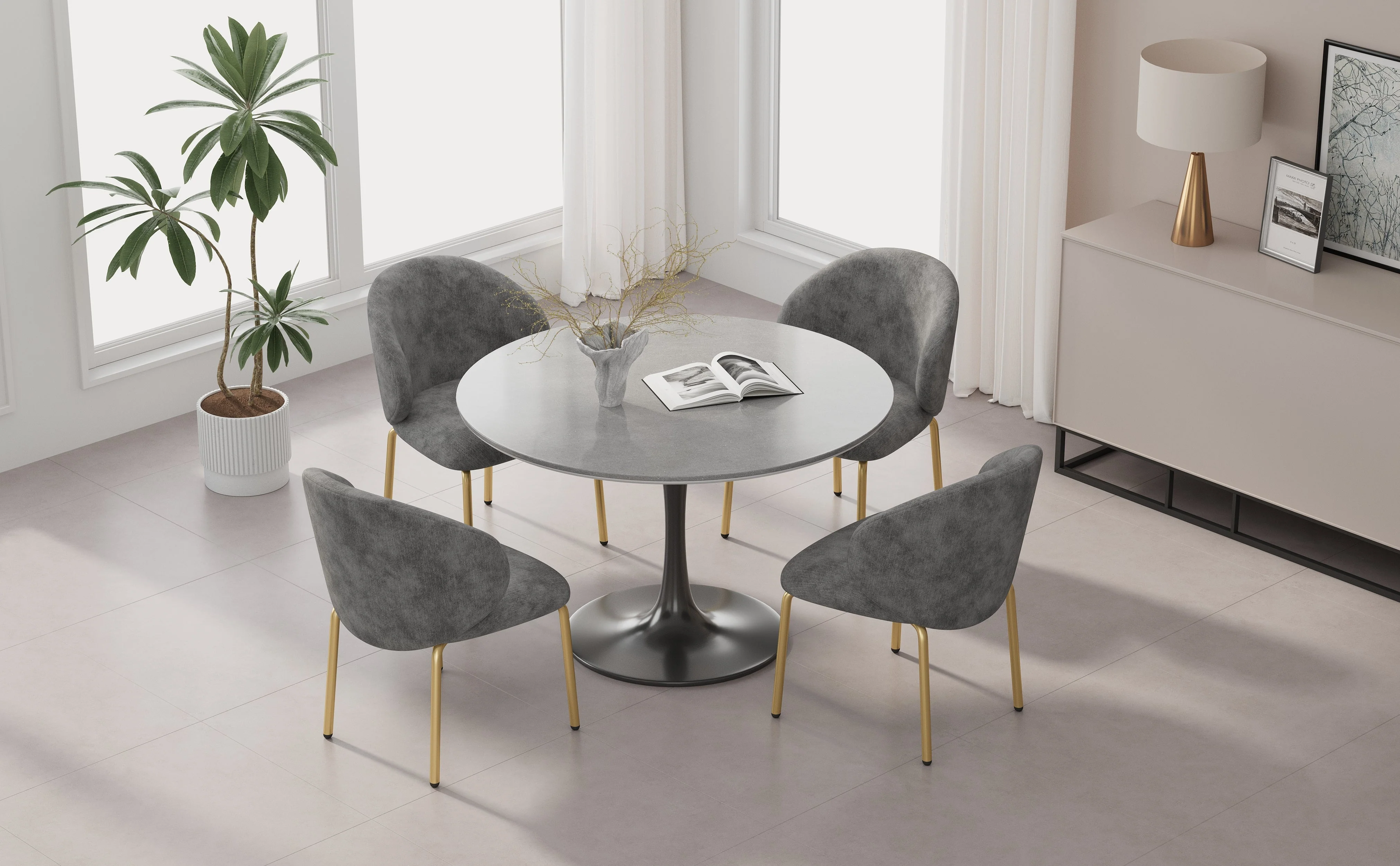 Dining Chairs and Lounge Chairs with Gold Legs, Set of 4, Grey Chenille - Image 4