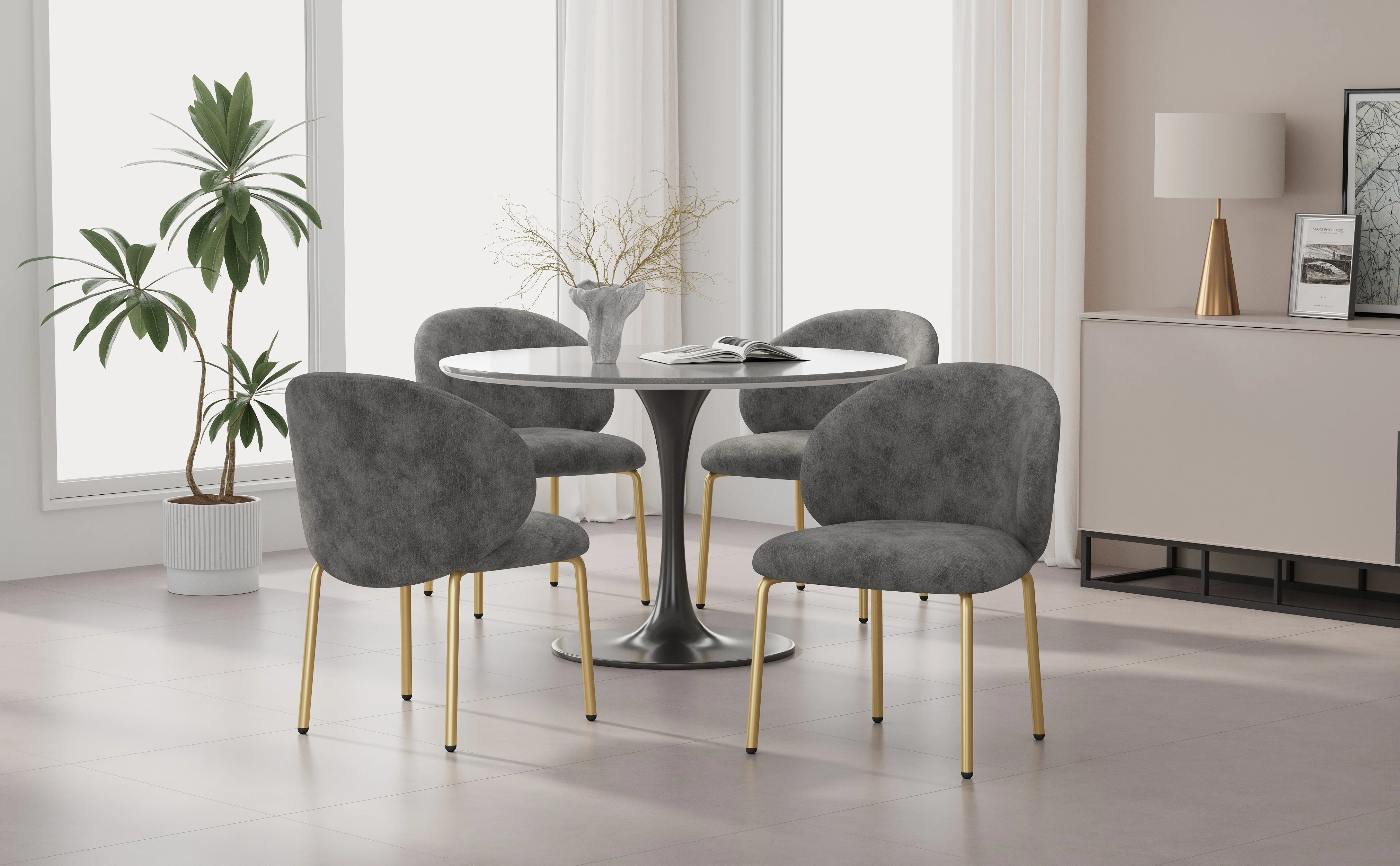 Dining Chairs and Lounge Chairs with Gold Legs, Set of 4, Grey Chenille - Image 7