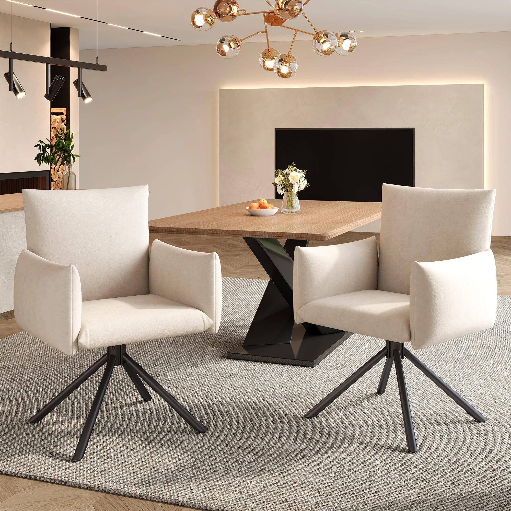 Dining Chairs Set of 2, 360° Swivel Upholstered Armchair with Lumbar Support, Beige Velvet