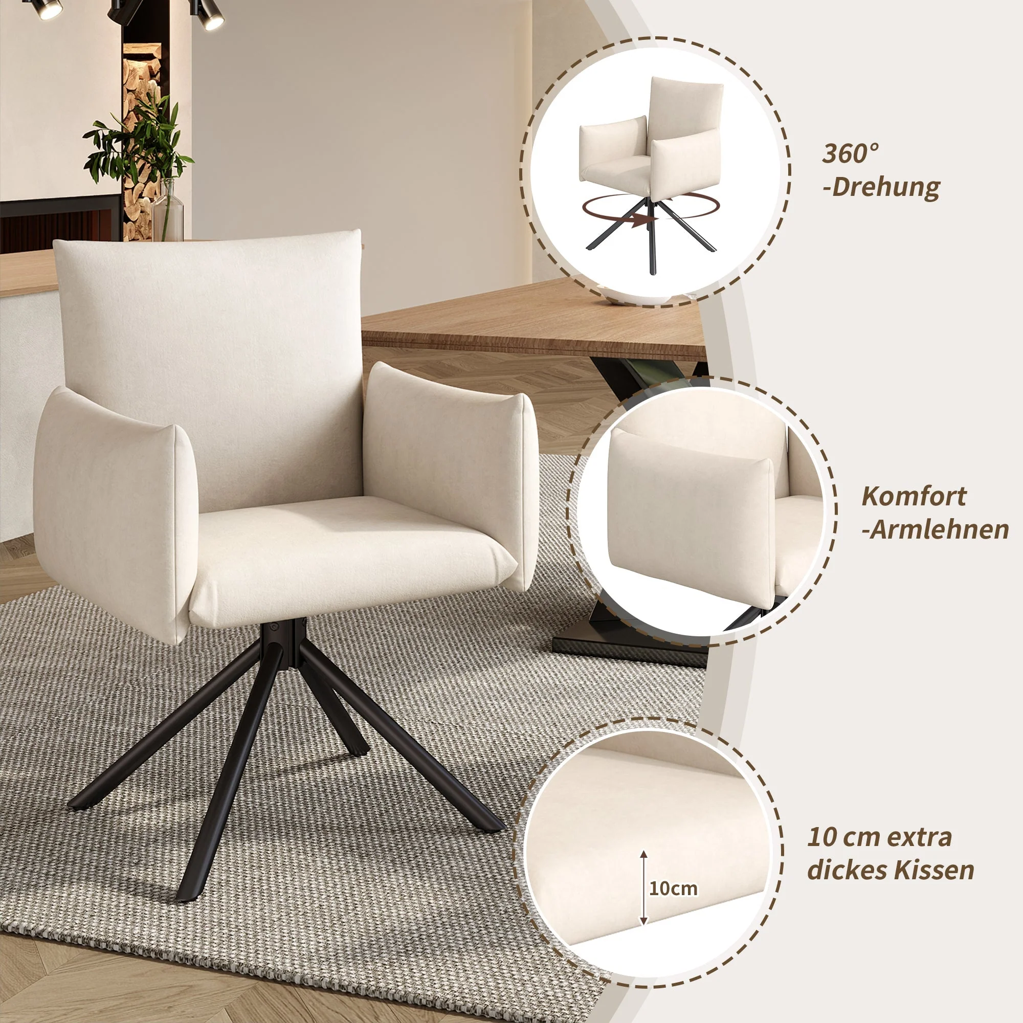 Dining Chairs Set of 2, 360° Swivel Upholstered Armchair with Lumbar Support, Beige Velvet - Image 3