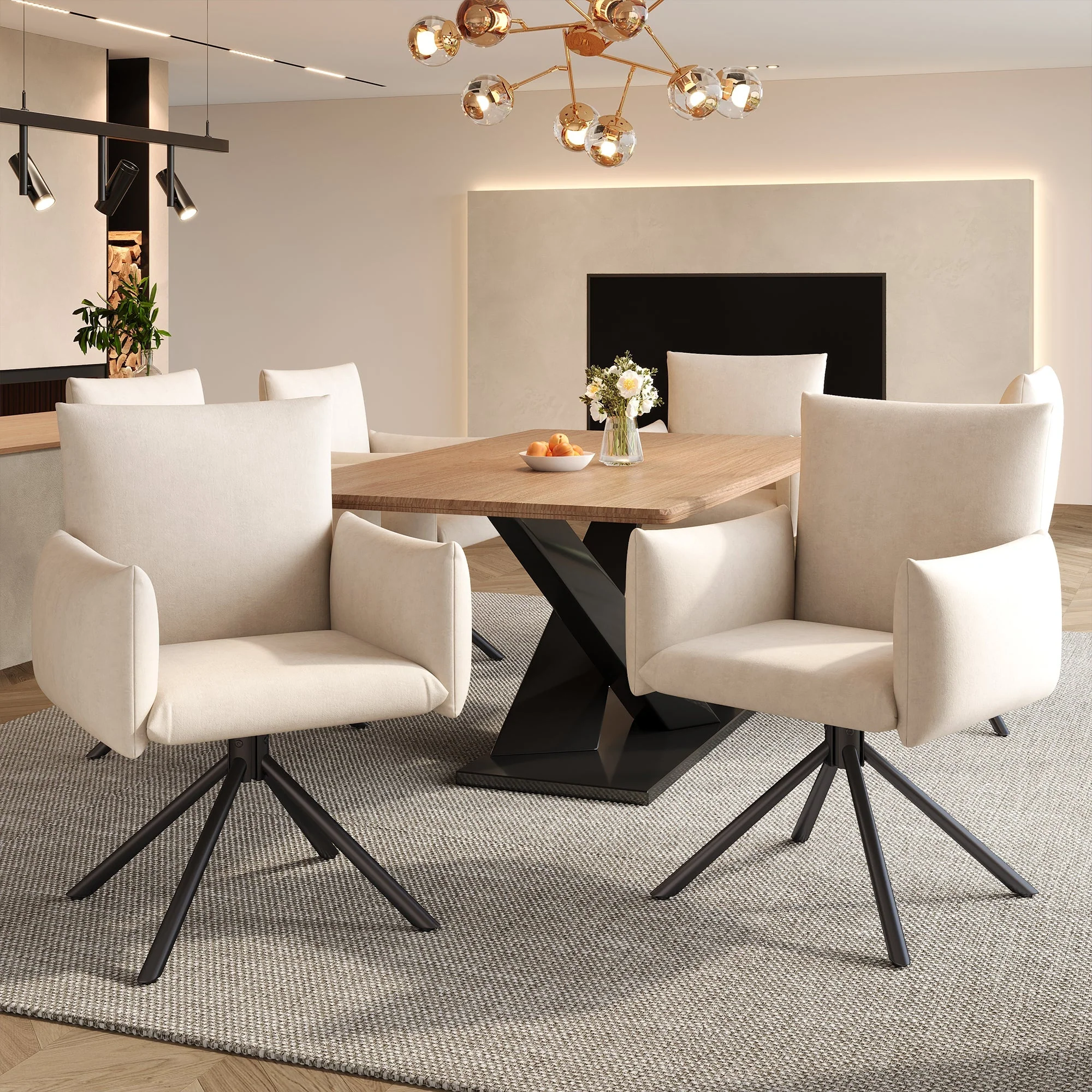 Dining Chairs Set of 2, 360° Swivel Upholstered Armchair with Lumbar Support, Beige Velvet - Image 6