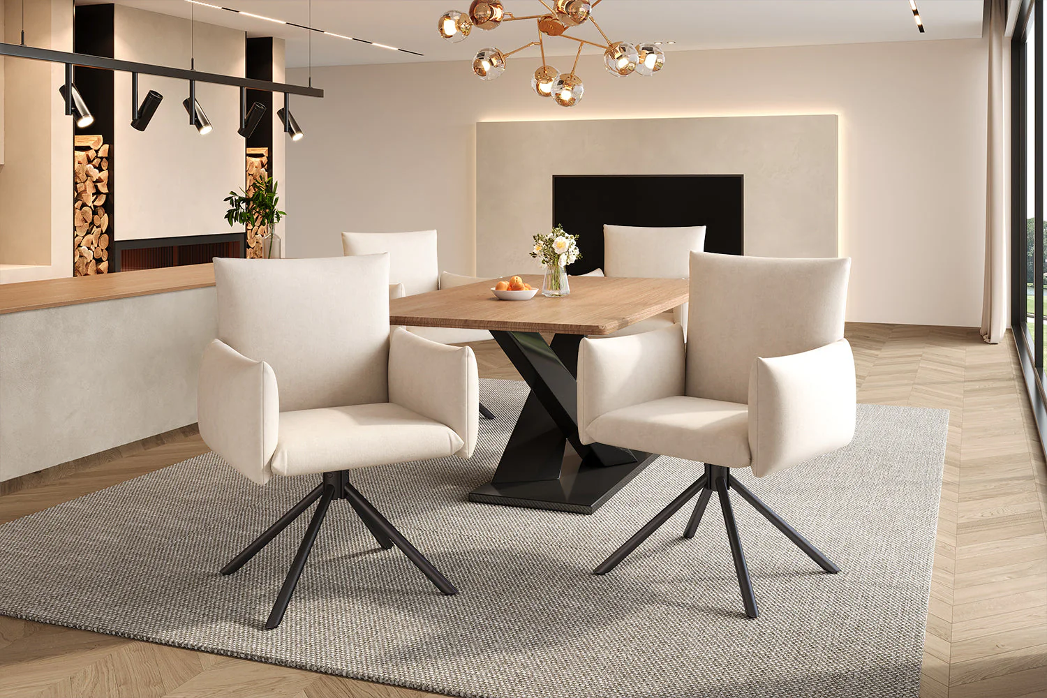 Dining Chairs Set of 2, 360° Swivel Upholstered Armchair with Lumbar Support, Beige Velvet - Image 8
