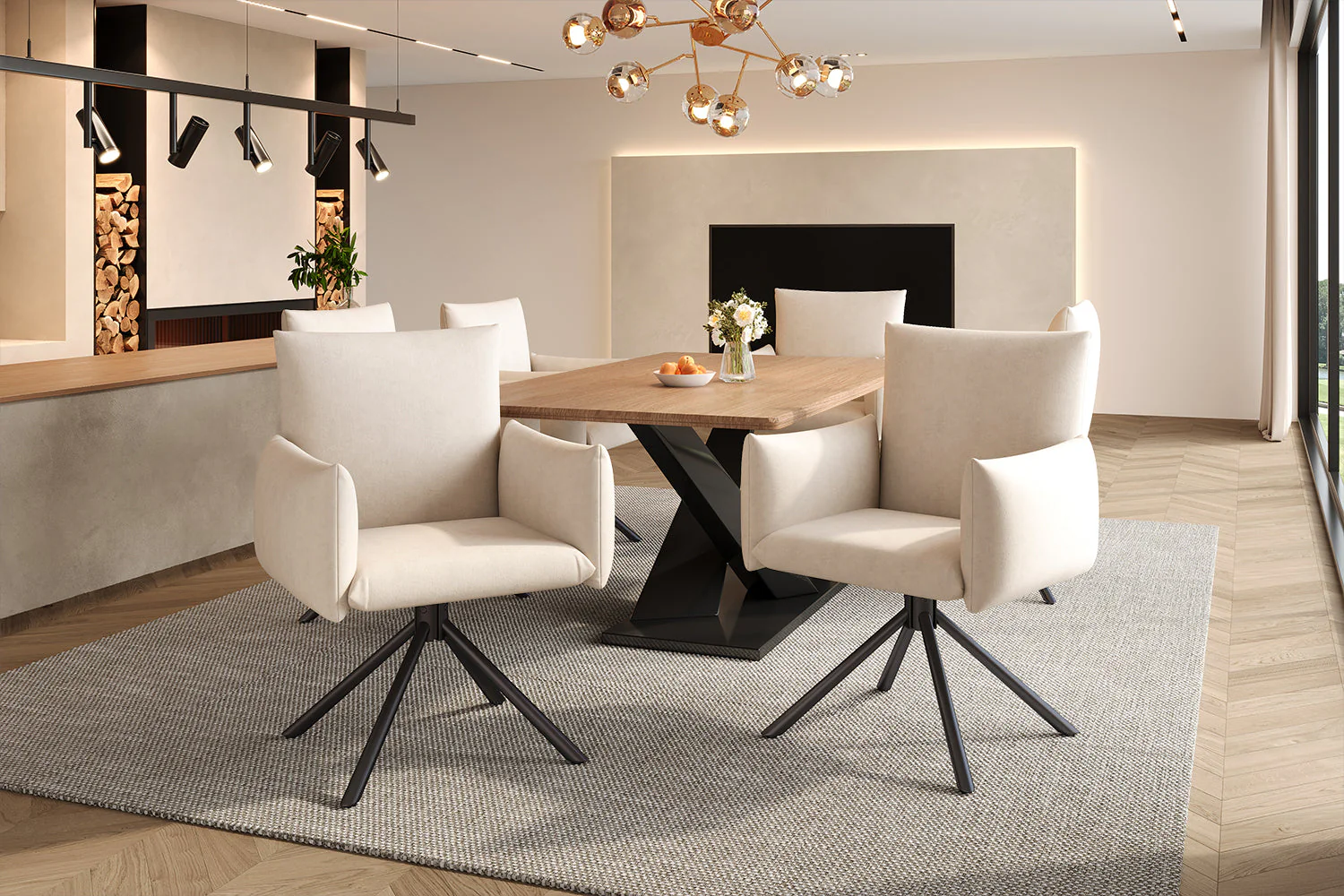 Dining Chairs Set of 2, 360° Swivel Upholstered Armchair with Lumbar Support, Beige Velvet - Image 9