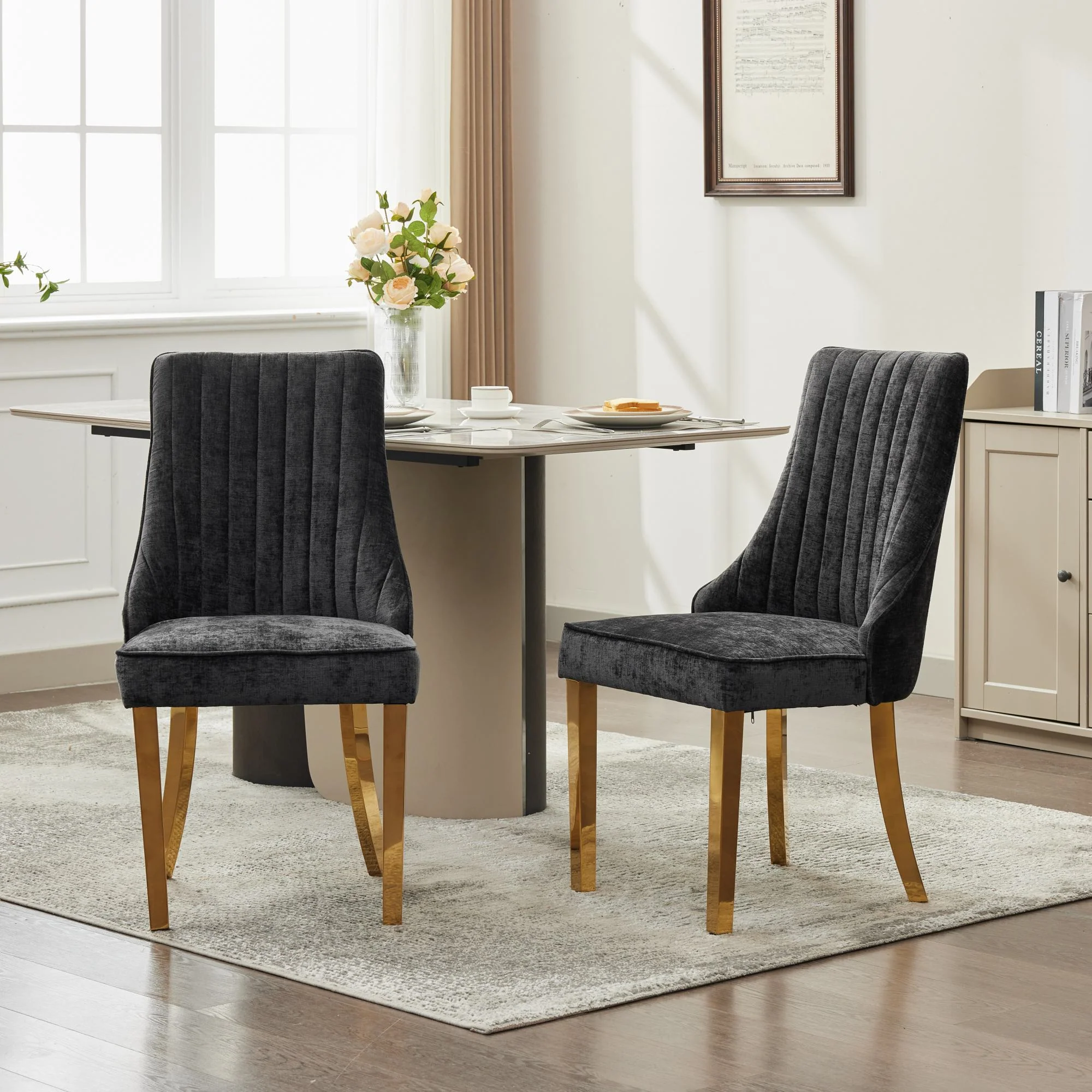 Dining Chairs, Set of 2 Accent Chair Golden Stainless Steel Legs, Chenille Black