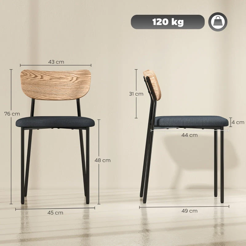 Dining Chairs Set of 2, Armless, Upholstered Steel Legs, Grey Linen Look - Image 3