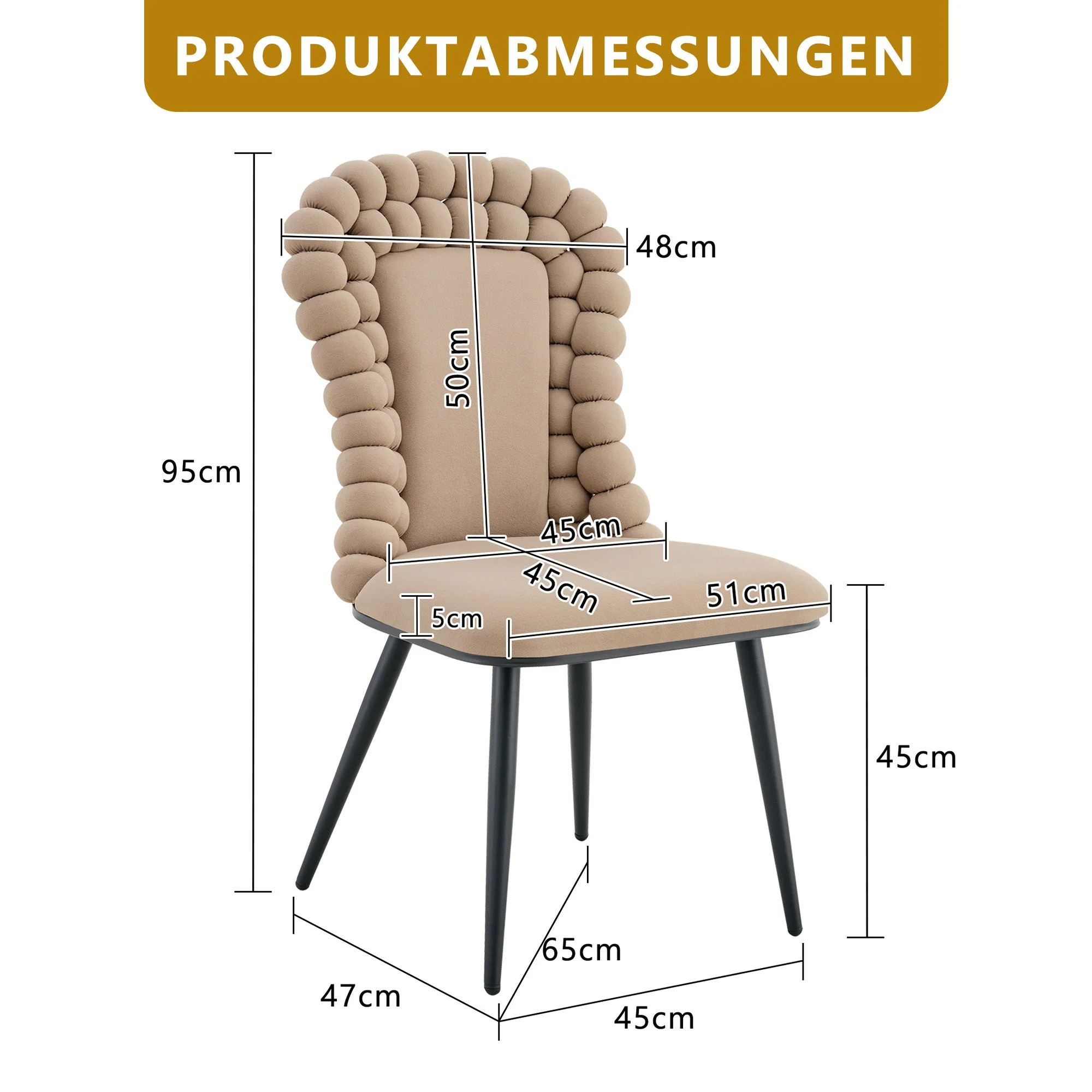 Dining Chairs (Set of 2), Ball Chain Backrest, Black Metal Legs, Camel Velvet - Image 3